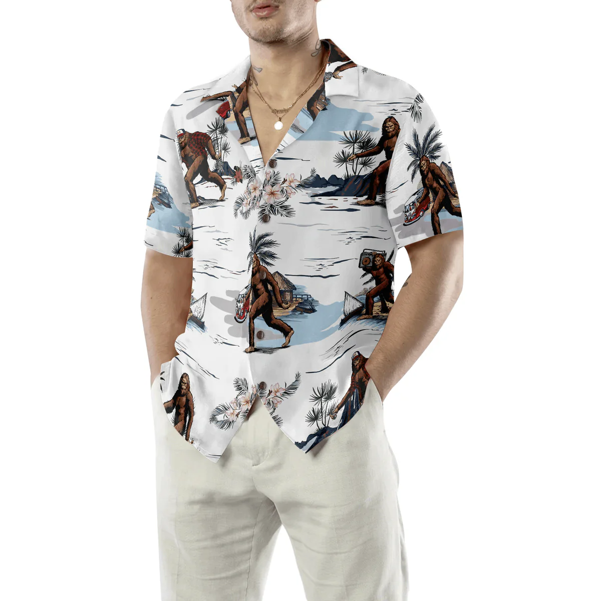 Bigfoot Hawaiian Shirt, Bigfoots Are Ready For Summer Hawaiian Shirt, White Tropical Floral Bus Trip Bigfoot Hawaiian Shirt - Perfect Gift For Husband, Boyfriend, Friend, Family - Image 5