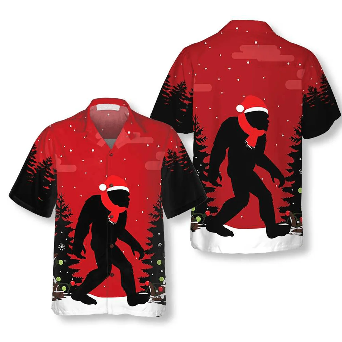 Bigfoot Hawaiian Shirt - Christmas Bigfoot In The Forest Hawaiian Shirt, Funny Christmas Bigfoot Hawaiian Shirt - Perfect Gift For Husband, Boyfriend, Friend, Family