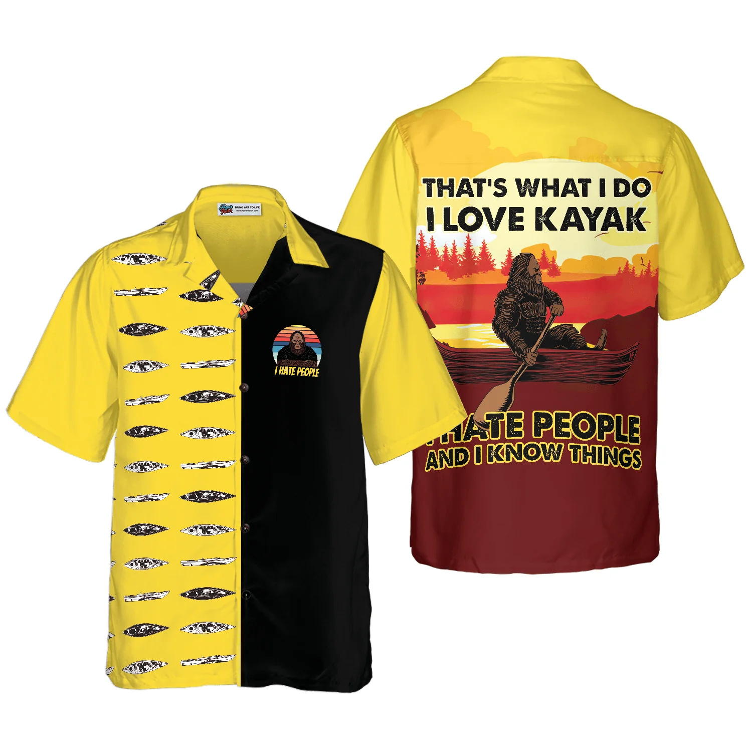 Bigfoot Hawaiian Shirt, Dawn Palette Black And Yellow Kayaking, Love Kayak & Hate People, Summer Aloha Shirt For Men Women, Gift For Friend, Team