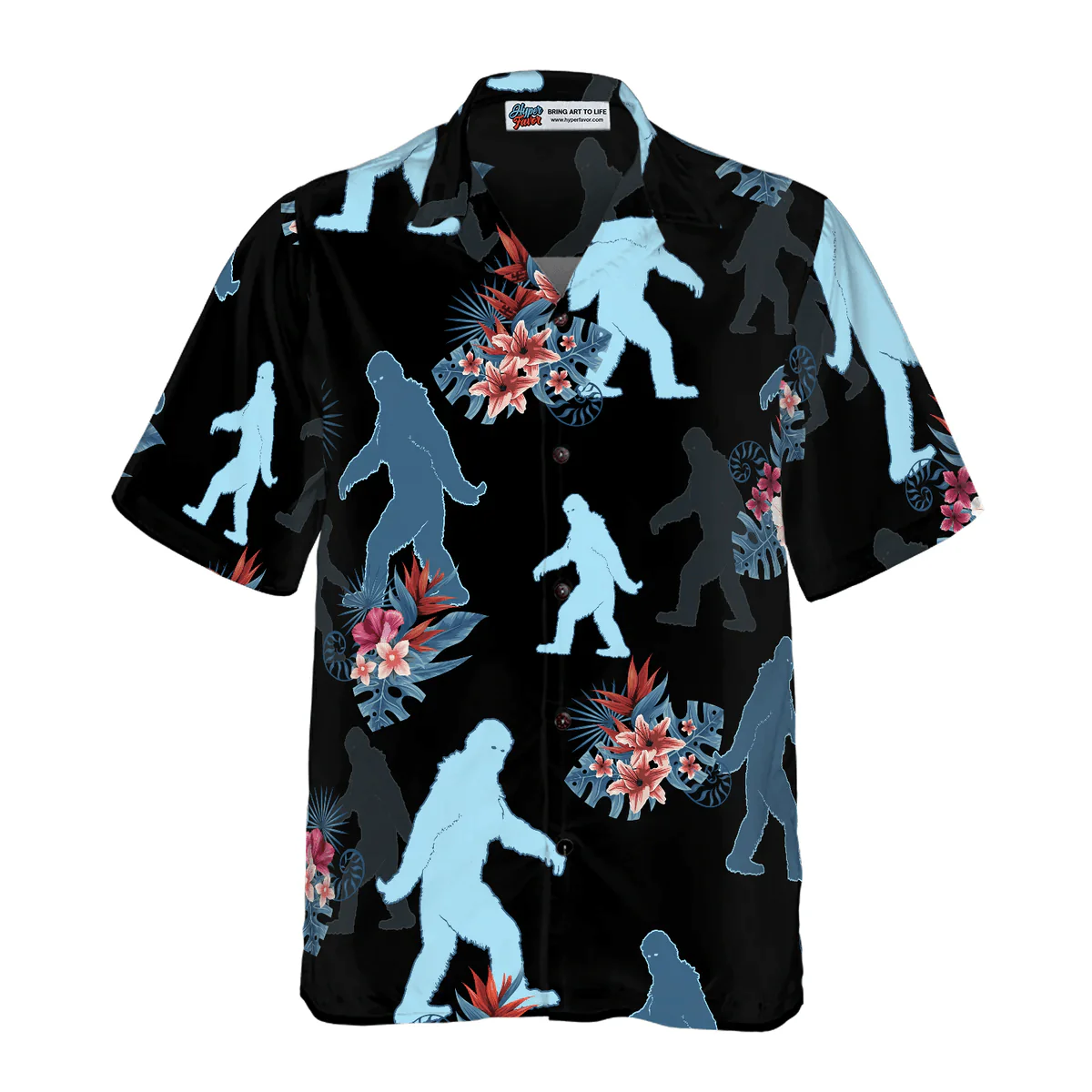 Bigfoot Hawaiian Shirt - The Tropical Leaves Bigfoot Hawaiian Shirt, Black Tropical Floral Bigfoot Hawaiian Shirt - Perfect Gift For Husband, Boyfriend, Friend, Family - Image 2