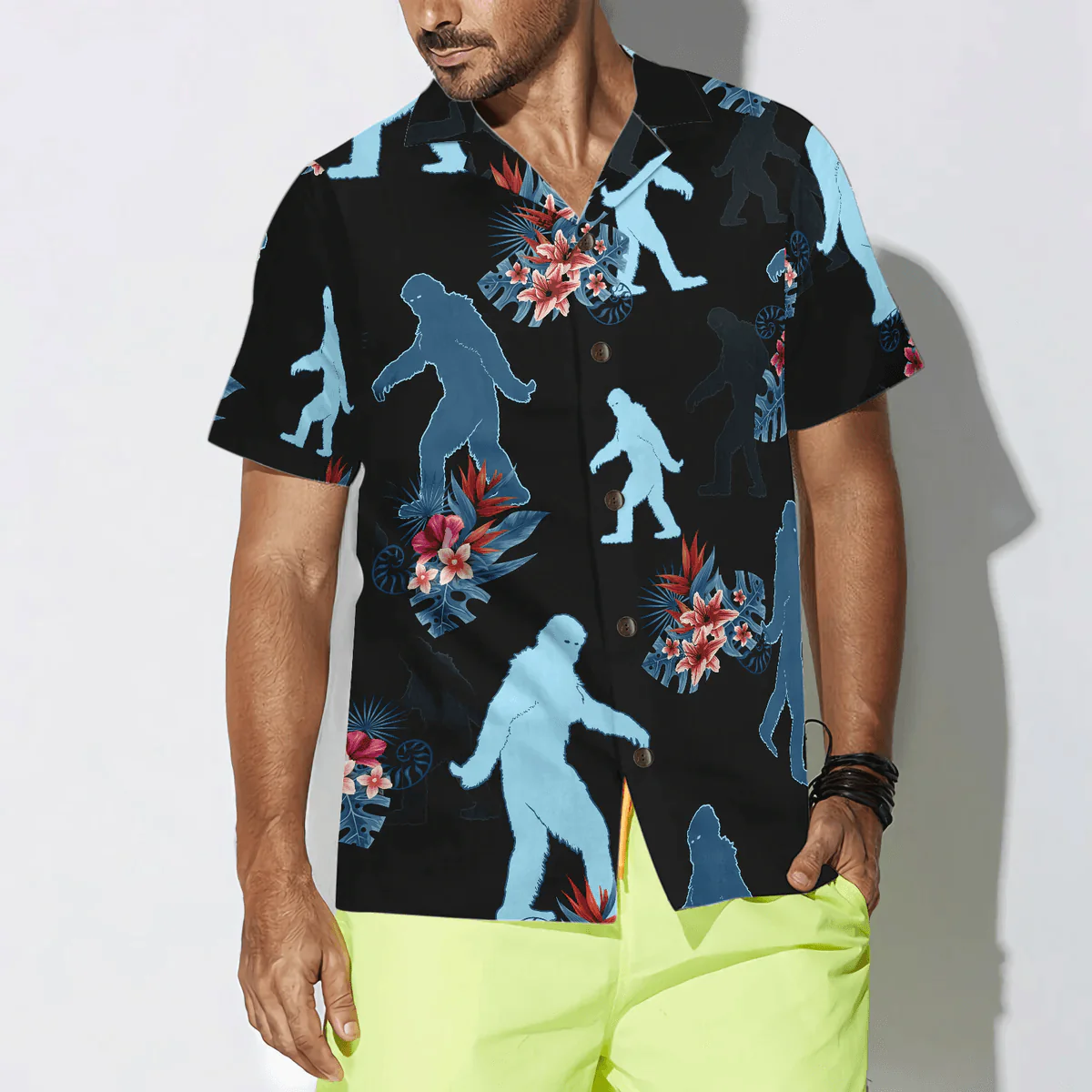 Bigfoot Hawaiian Shirt - The Tropical Leaves Bigfoot Hawaiian Shirt, Black Tropical Floral Bigfoot Hawaiian Shirt - Perfect Gift For Husband, Boyfriend, Friend, Family - Image 4