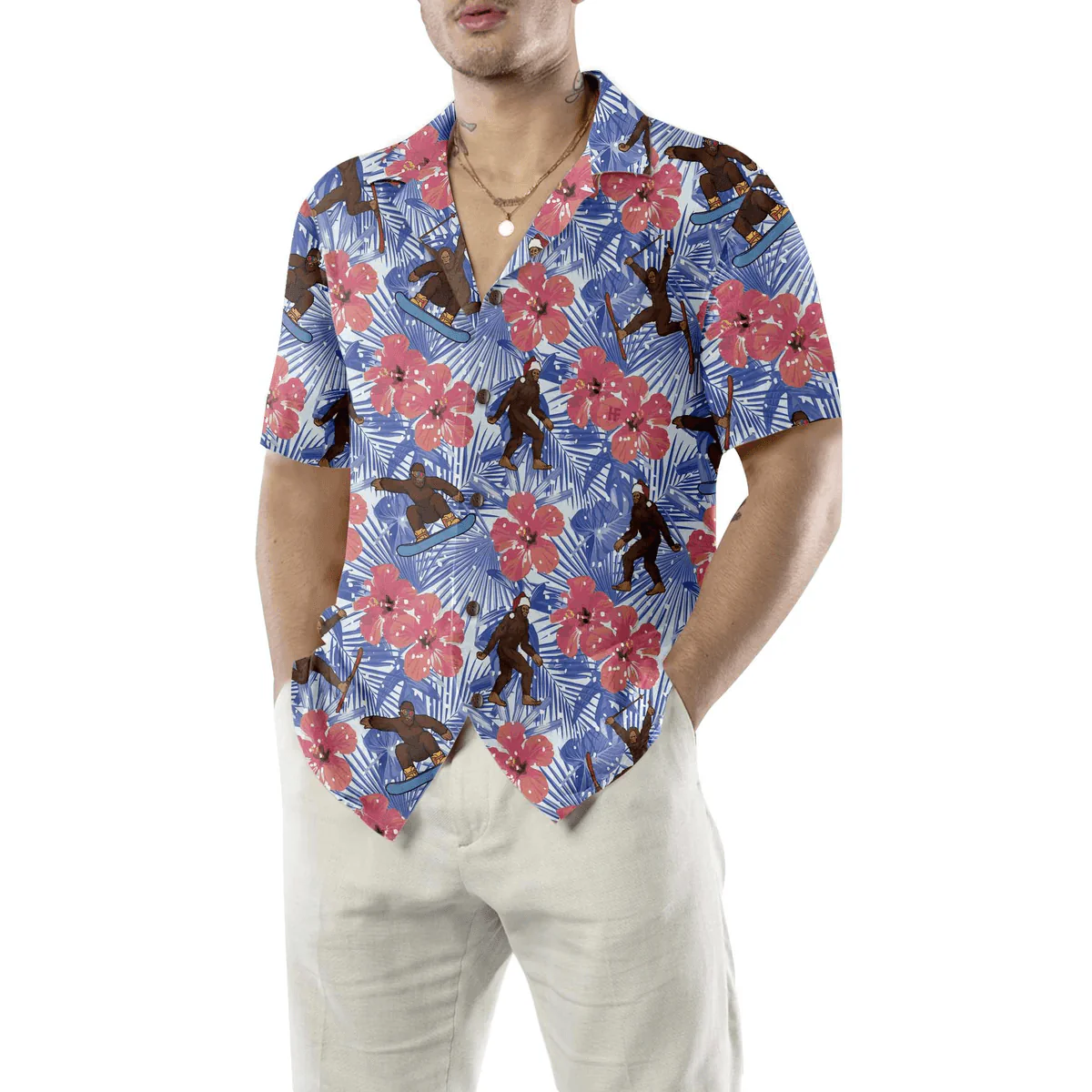 Bigfoot Hawaiian Shirt - Tropical Christmas Bigfoot Hawaiian Shirt, Gift For Christmas Hawaiian Shirt - Perfect Gift For Husband, Boyfriend, Friend, Family - Image 4