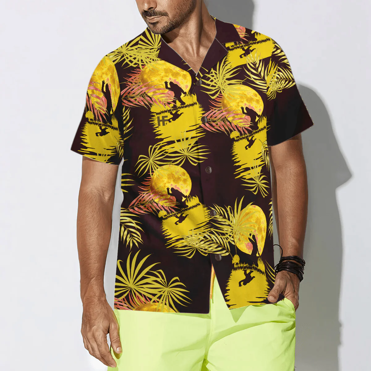 Bigfoot Hawaiian Shirt - Tropical Yellow Moon Bigfoot Hawaiian Shirt, Dancing In The Moonlight Bigfoot Hawaiian Shirt - Perfect Gift For Husband, Boyfriend, Friend, Family - Image 4