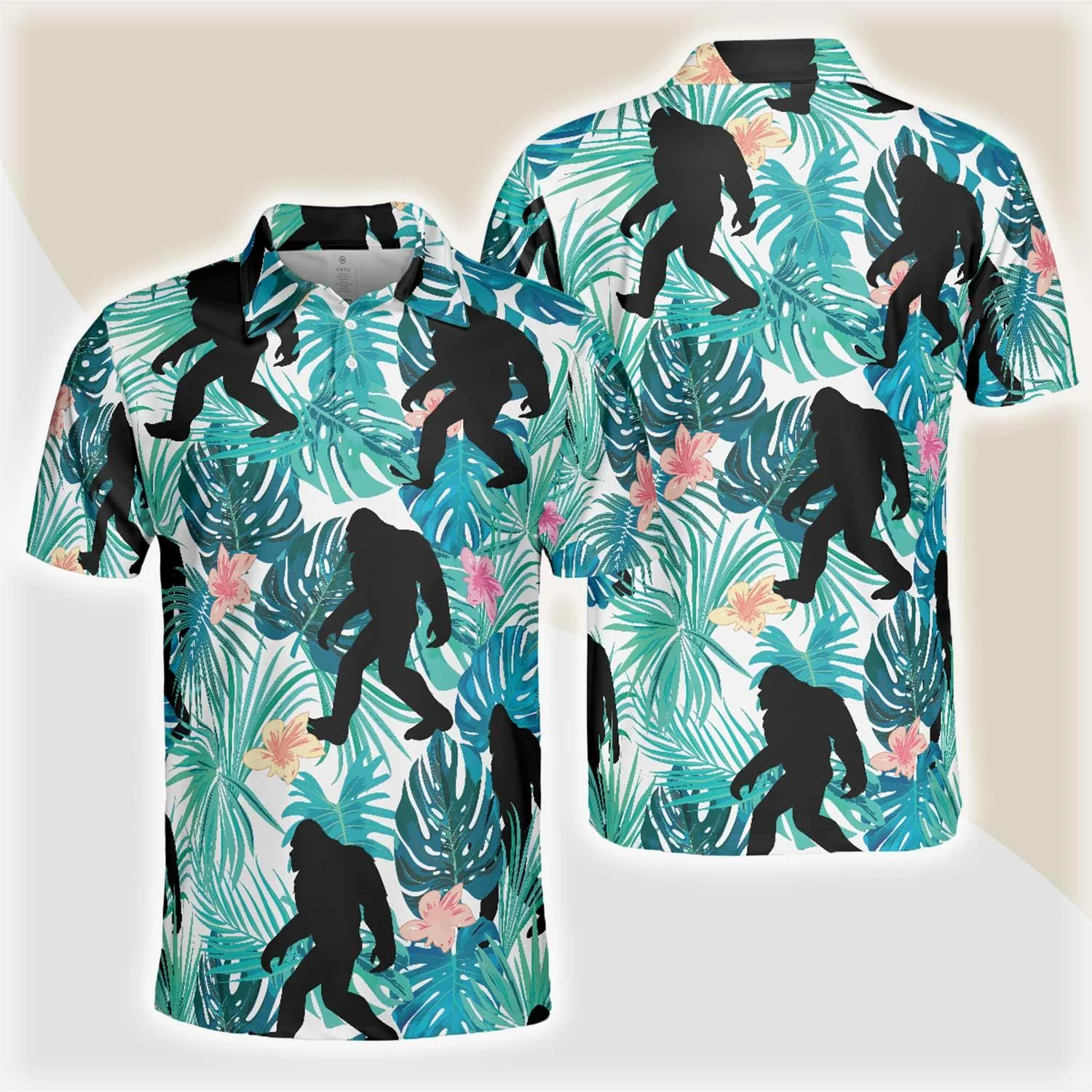 Bigfoot Men Polo Shirt, Tropical Floral And Leaves Polo Shirt, Best Bigfoot Shirt - Perfect Gift For Men, Family, Friends