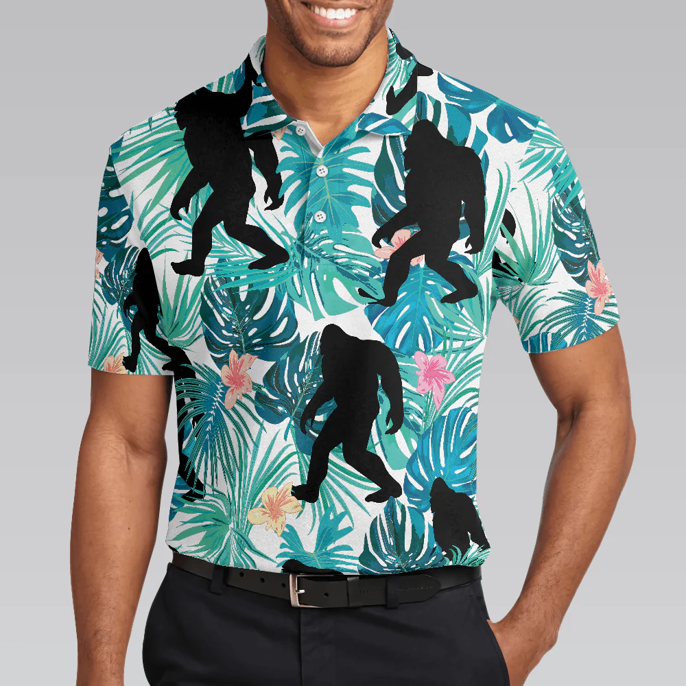 Bigfoot Men Polo Shirt, Tropical Floral And Leaves Polo Shirt, Best Bigfoot Shirt - Perfect Gift For Men, Family, Friends - Image 5