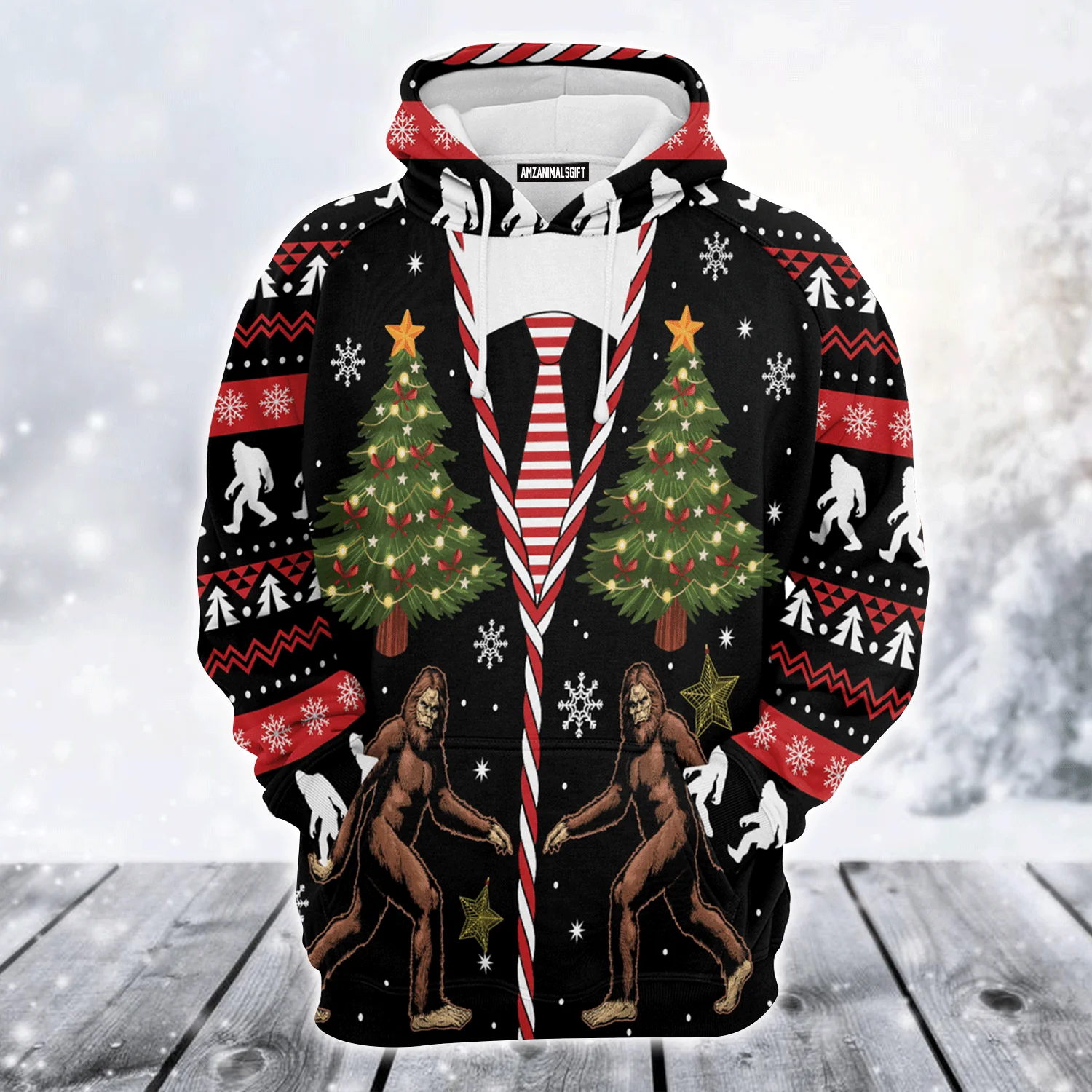 Bigfoot Premium Christmas Hoodie, Vintage Bigfoot Christmas Tree Unisex Red Hoodie For Men & Women - Perfect Gift For Christmas, Family