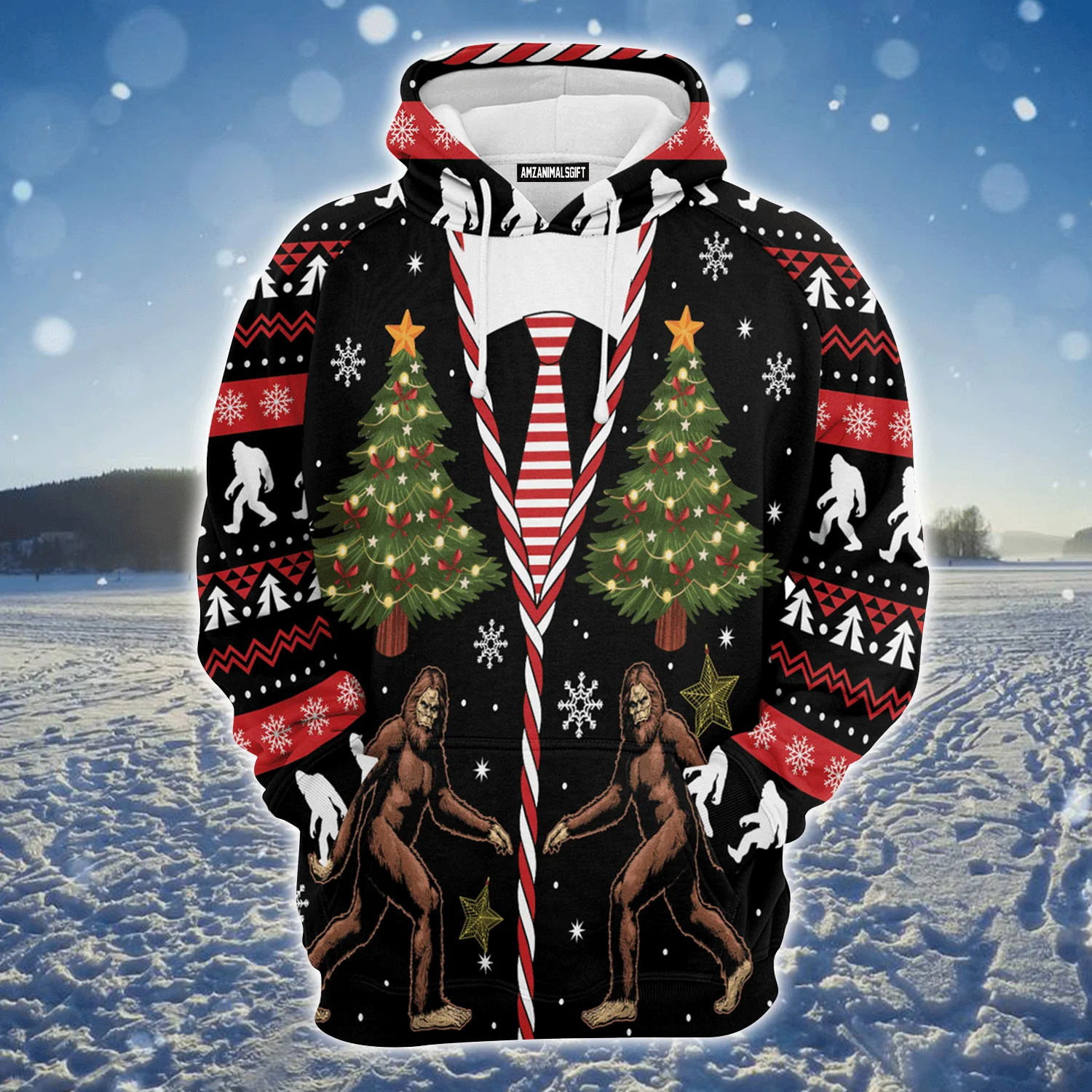 Bigfoot Premium Christmas Hoodie, Vintage Bigfoot Christmas Tree Unisex Red Hoodie For Men & Women - Perfect Gift For Christmas, Family - Image 2