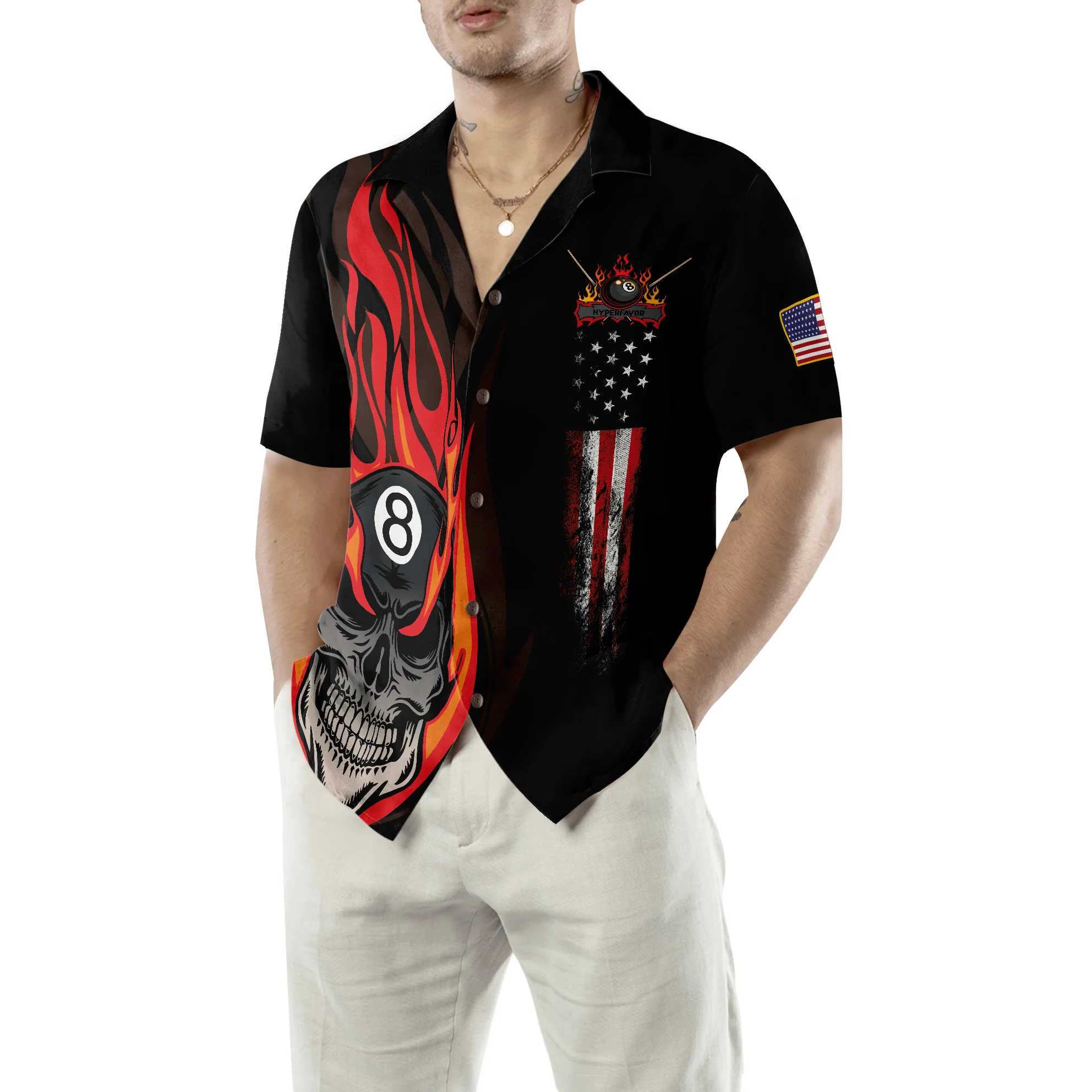 Billiard Hawaiian Shirt, Flame Skull Billiard Pool American Flag Hawaiian Shirt For Men Women, Gift For Friend, Billiard Lovers - Image 5