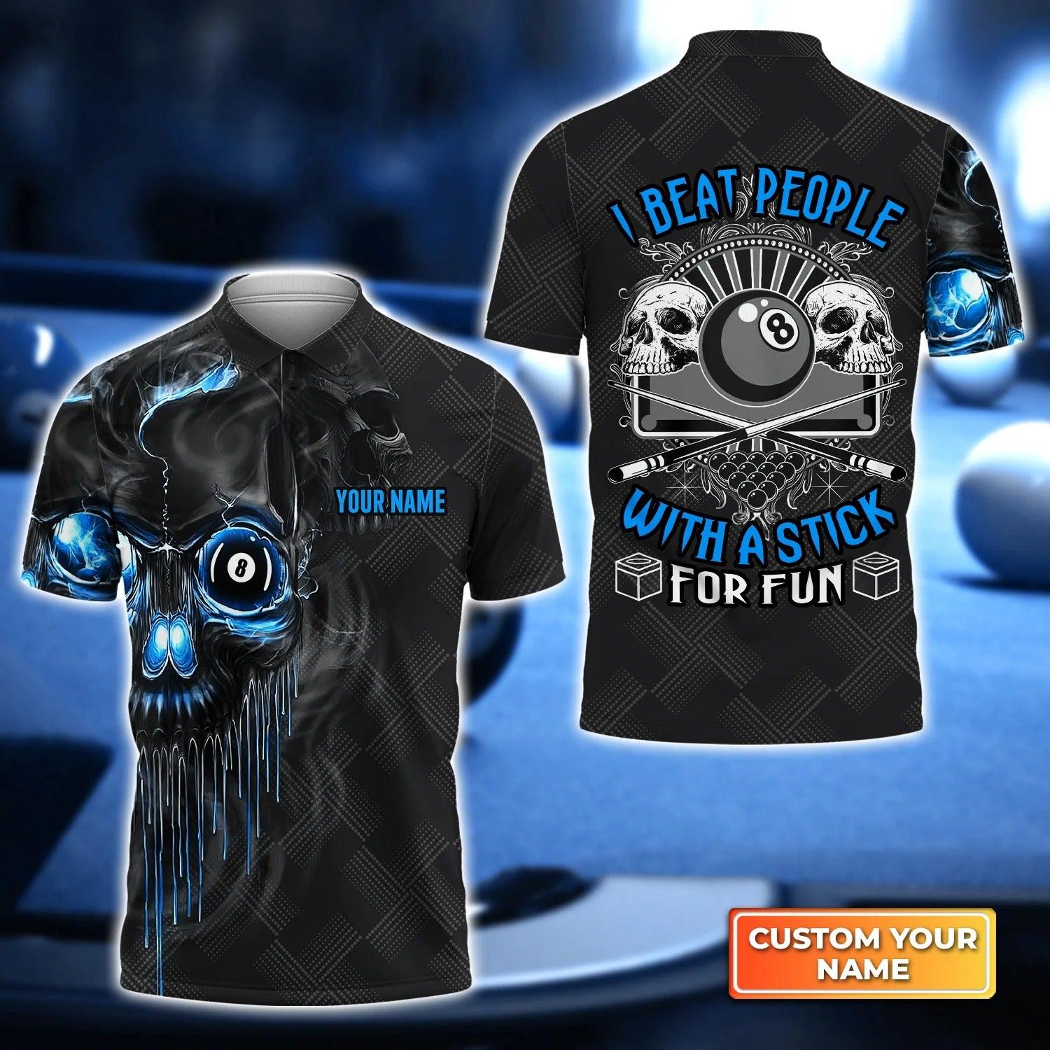 Billiard Men Polo Shirt Custom Name - Blue Skull Pool 8 Ball I Beat People With A Stick For Fun Personalized Polo Shirt For Men - Gift For Billiard Players, Friend, Family