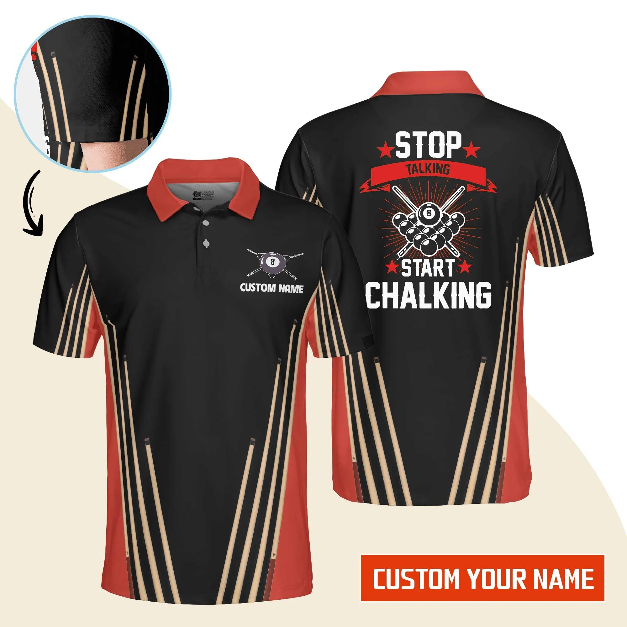 Billiard Men Polo Shirt Custom Name - Stop Talking Start Chalking Billiard Pool 8 Ball Personalized Polo Shirt - Gift For Billiard Players, Billiard Lovers