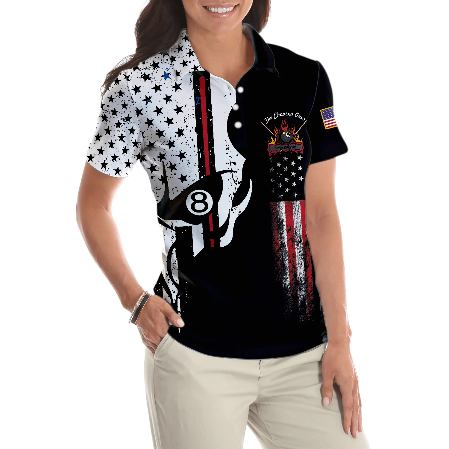 Billiard Women Polo Shirts, The Chosen Ones, Skull American Flag Billiards Polo Shirt - Perfect Gift For Ladies, Billiards Lovers, Billiards Players - Image 5