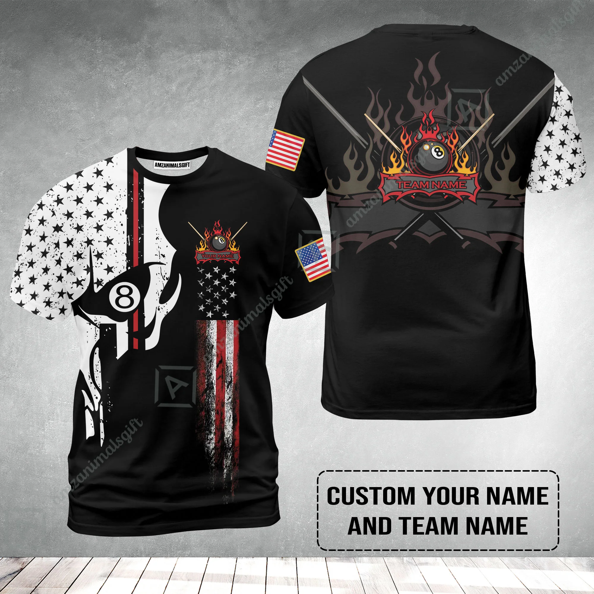 Billiards Custom T-Shirt - 8 ball Skull Billiards Pool Custom T-Shirt , Personalized American Flag Billiards T-Shirt - Image 2