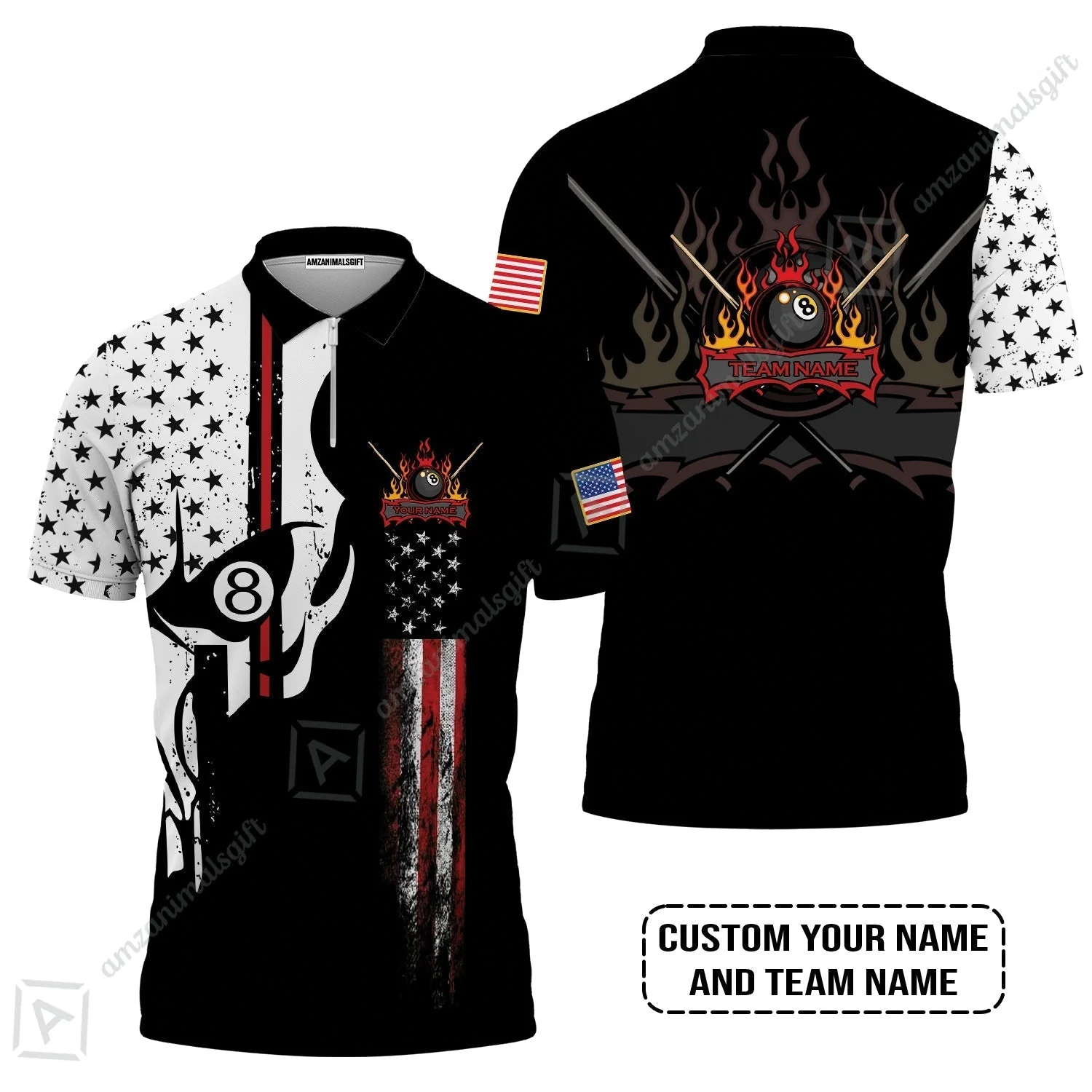 Billiards Custom T-Shirt - 8 ball Skull Billiards Pool Custom T-Shirt , Personalized American Flag Billiards T-Shirt - Image 4