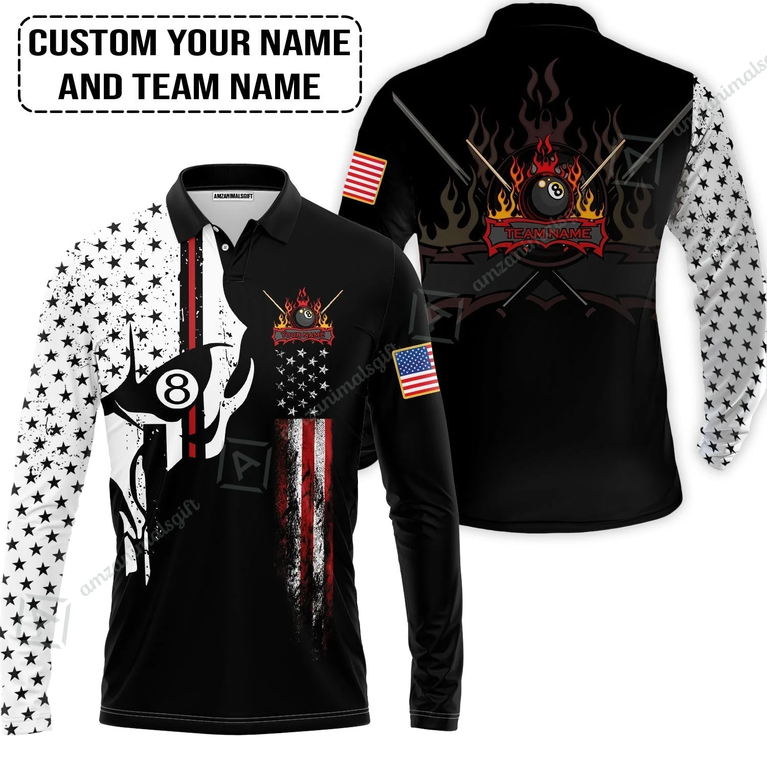 Billiards Custom T-Shirt - 8 ball Skull Billiards Pool Custom T-Shirt , Personalized American Flag Billiards T-Shirt - Image 5