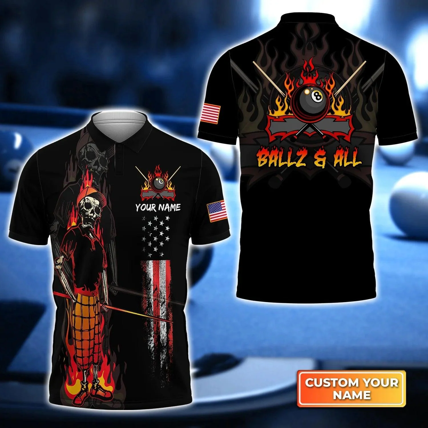 Billiards Customized Name Men Polo Shirt, Ball & All Team Bones American Flag Personalized 8 Ball Pool Billiards Polo Shirts, Gift For Billiard Lovers
