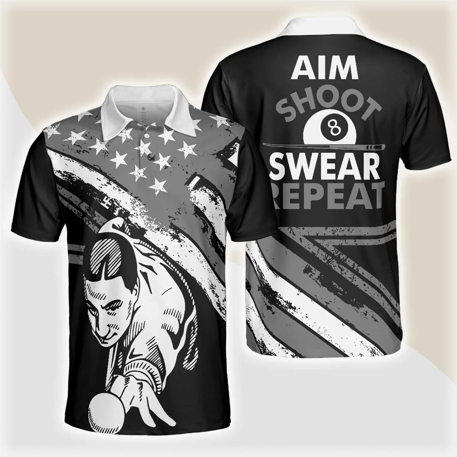 Billiards Men Polo Shirt, Aim Shoot Swear Repeat, American Flag Pattern Billiards Polo Shirt For Men - Gift For Billiards Lovers, Billiards Players