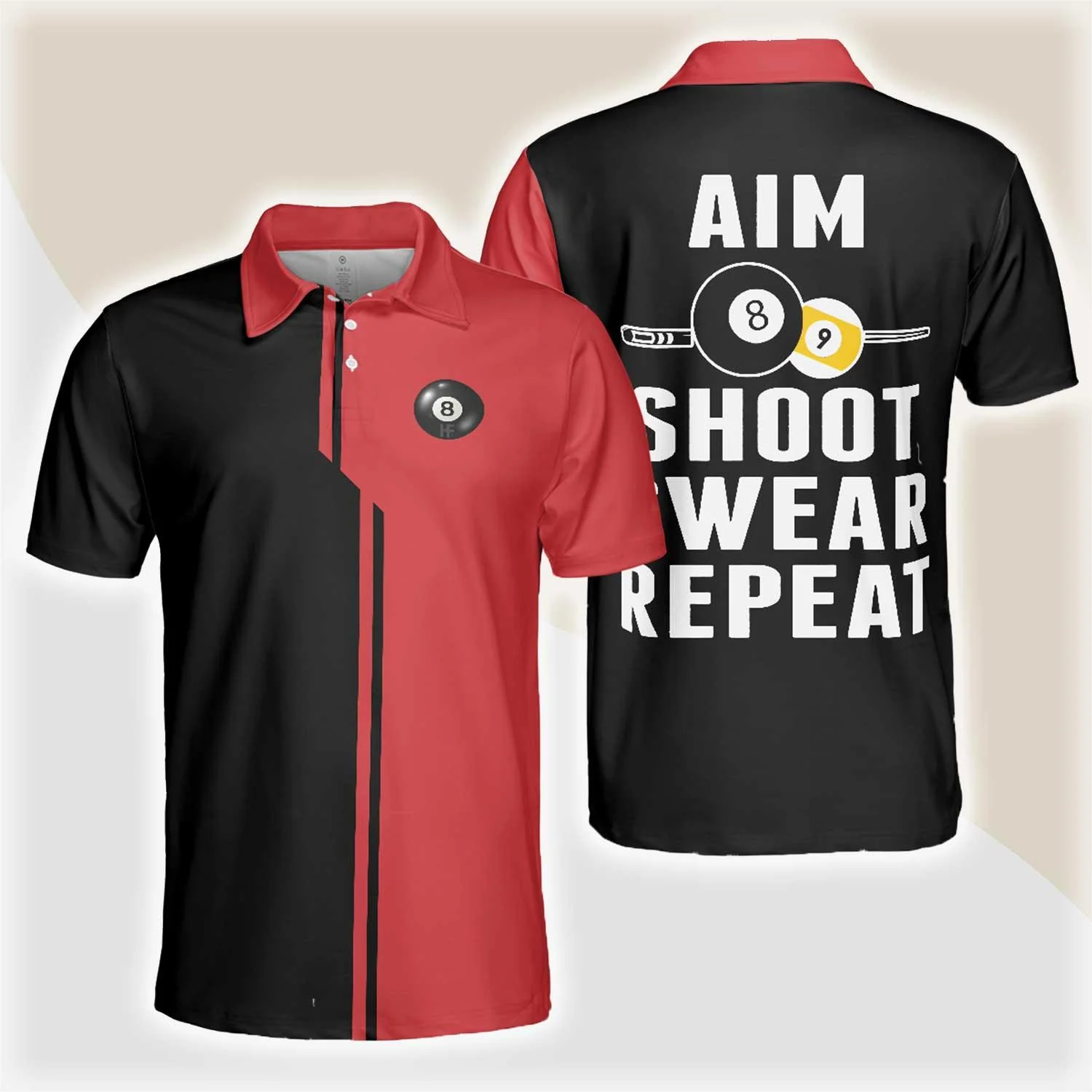 Billiards Men Polo Shirt, Black And Red Billiards Polo Shirt, Aim Shoot Swear Repeat Shirt For Men, Gift For Billiards Lovers, Billiards Players