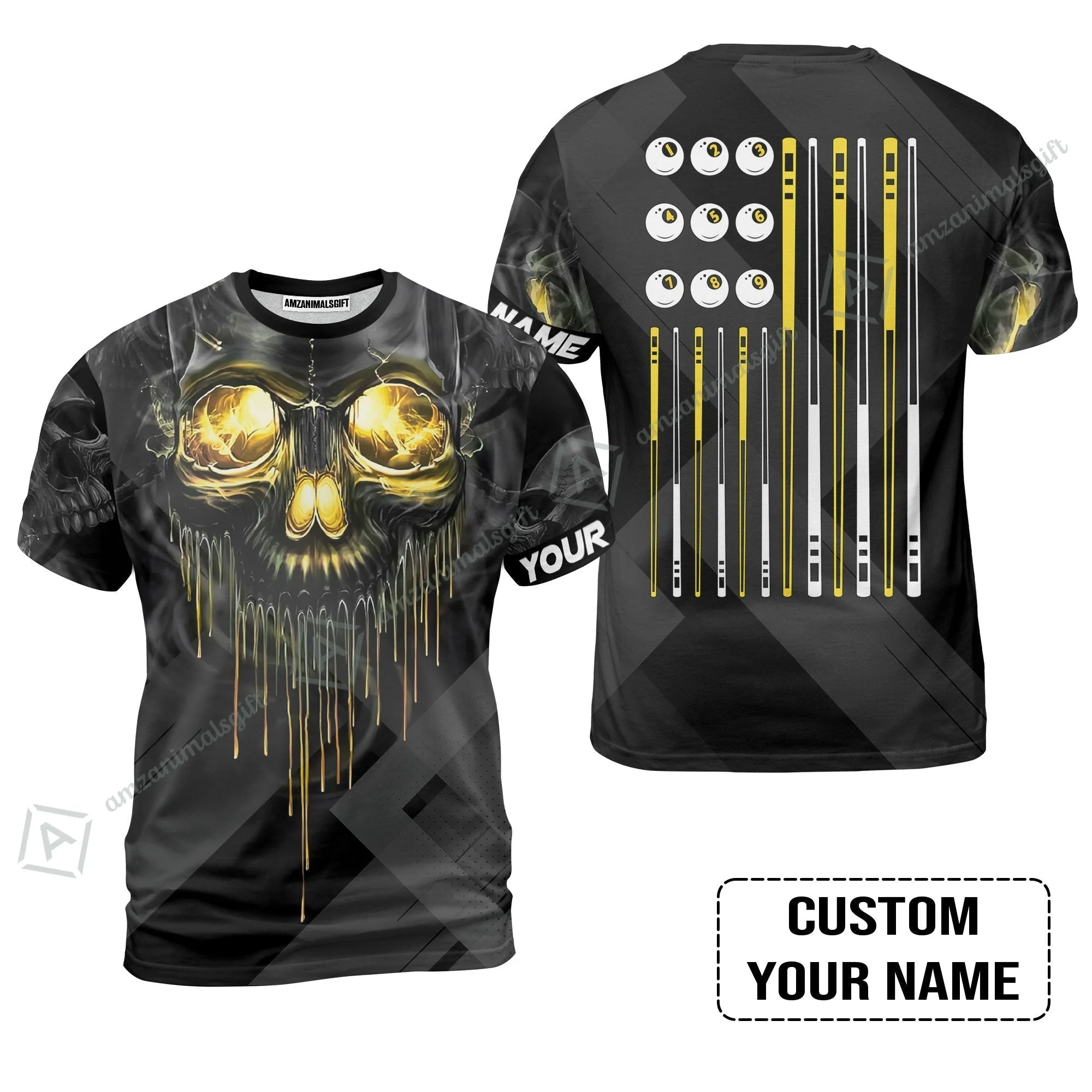 Billiards T-Shirt - Billiards Pool Player Skull Custom T-Shirt , Skull Billiards Shirt For Billiards Players, Personalized Billiards Gift