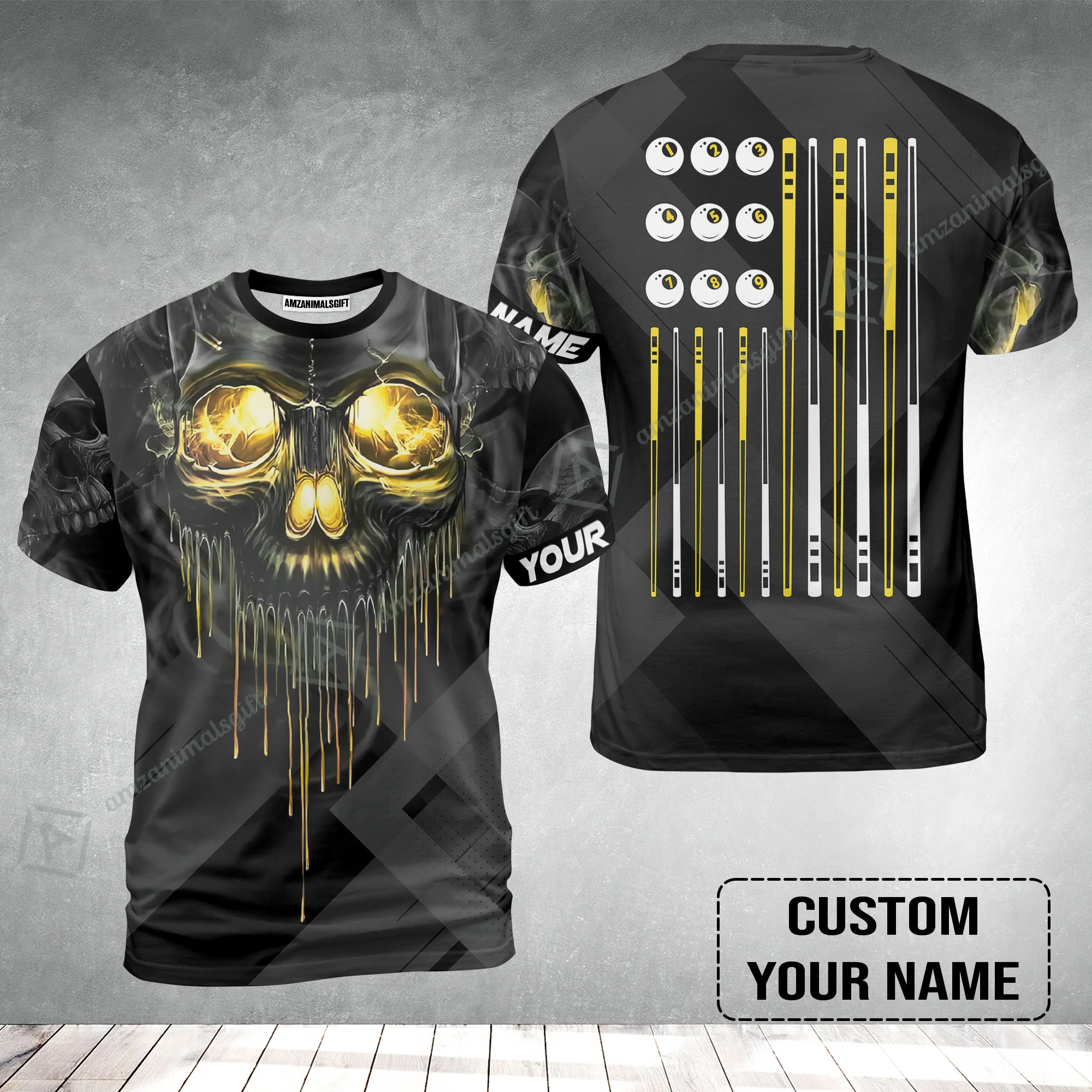Billiards T-Shirt - Billiards Pool Player Skull Custom T-Shirt , Skull Billiards Shirt For Billiards Players, Personalized Billiards Gift - Image 2