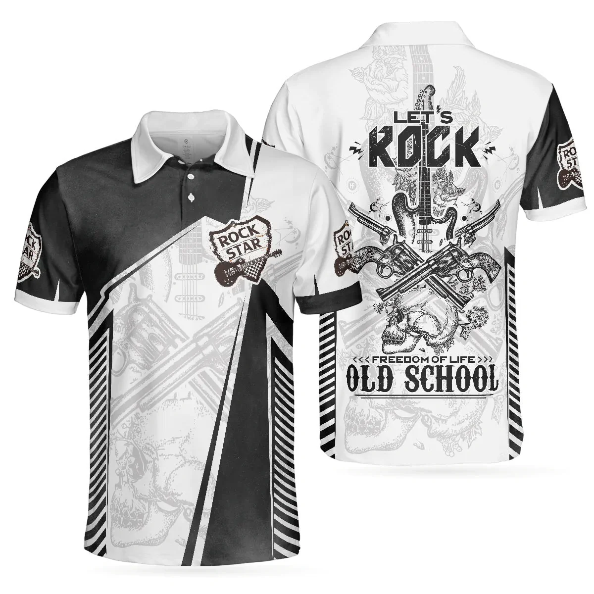 Black And White Guitar Men Long Sleeve Polo, Let's Rock Freedom Of Life Old School Guitar Long Sleeve Polo - Image 3