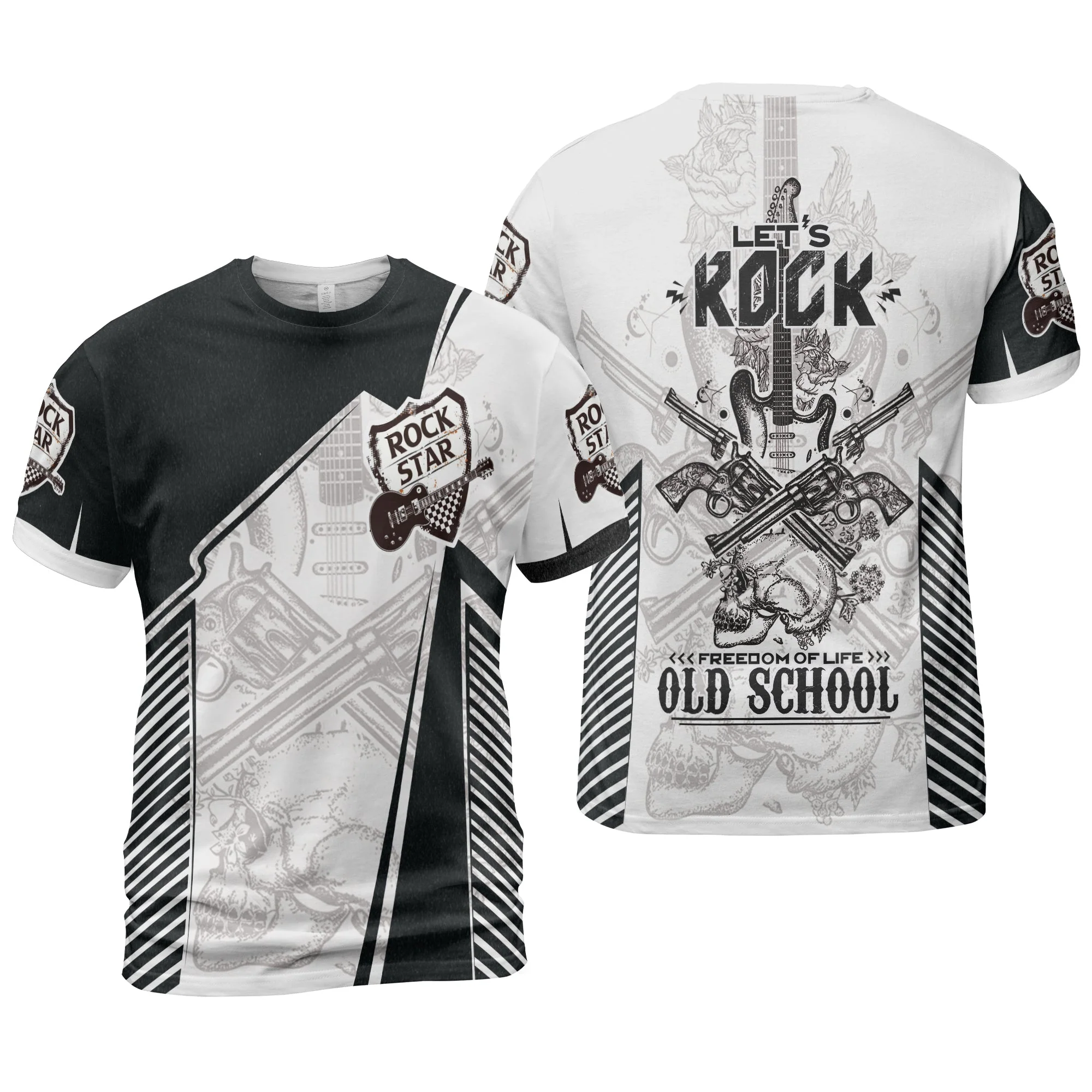 Black And White Guitar Men Long Sleeve Polo, Let's Rock Freedom Of Life Old School Guitar Long Sleeve Polo - Image 4