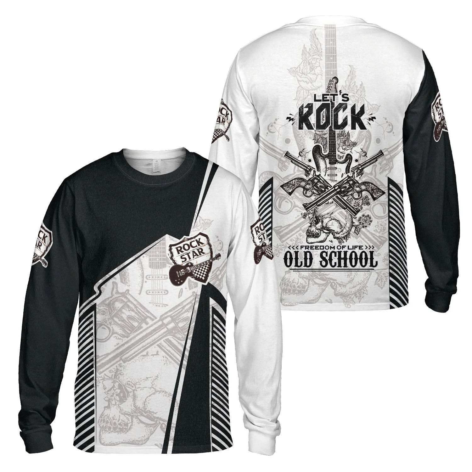 Black And White Guitar Men Long Sleeve Polo, Let's Rock Freedom Of Life Old School Guitar Long Sleeve Polo - Image 5