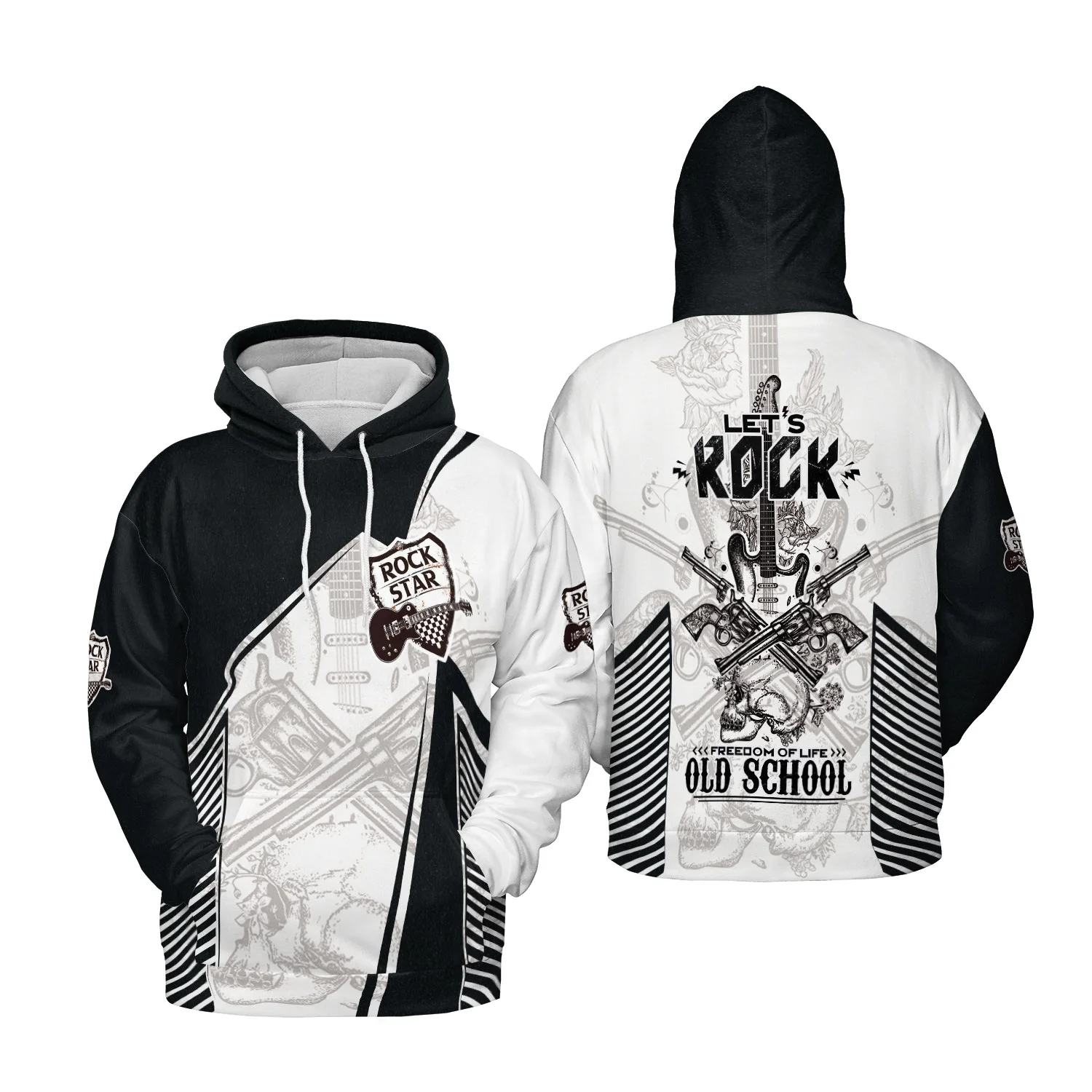 Black And White Guitar Men Long Sleeve Polo, Let's Rock Freedom Of Life Old School Guitar Long Sleeve Polo - Image 6