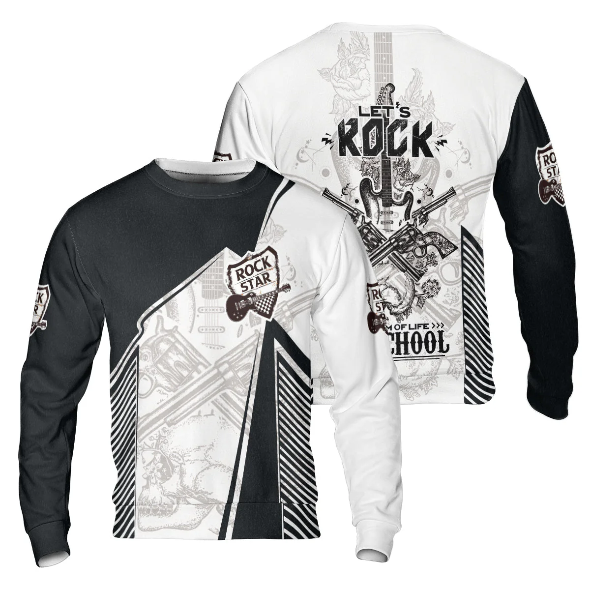 Black And White Guitar Men Long Sleeve Polo, Let's Rock Freedom Of Life Old School Guitar Long Sleeve Polo - Image 7