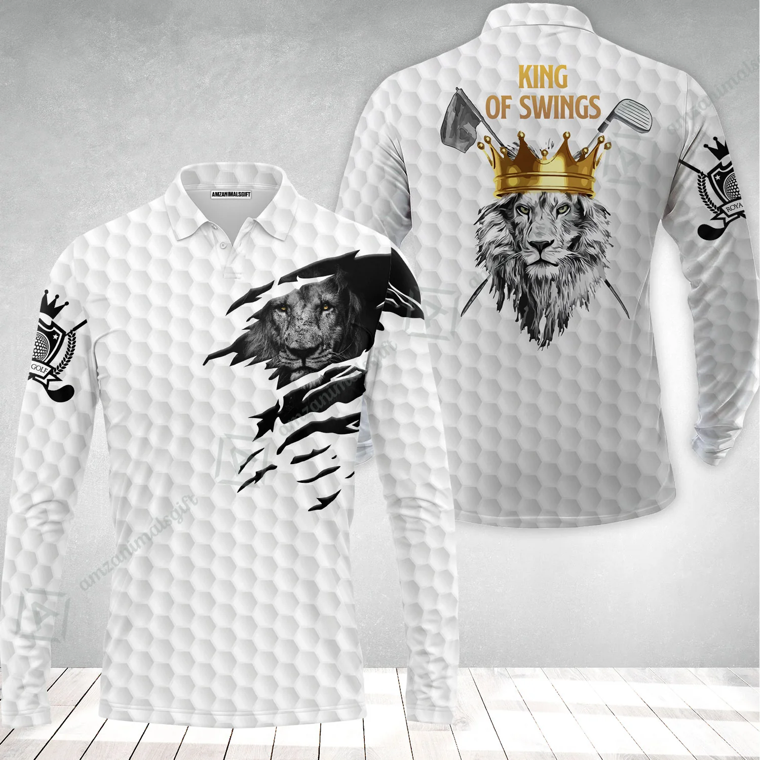 Black And White Lion King Sketching Golf Long Polo Shirt, King Of Swings Lion Golfing Long Polo Shirt - Image 2
