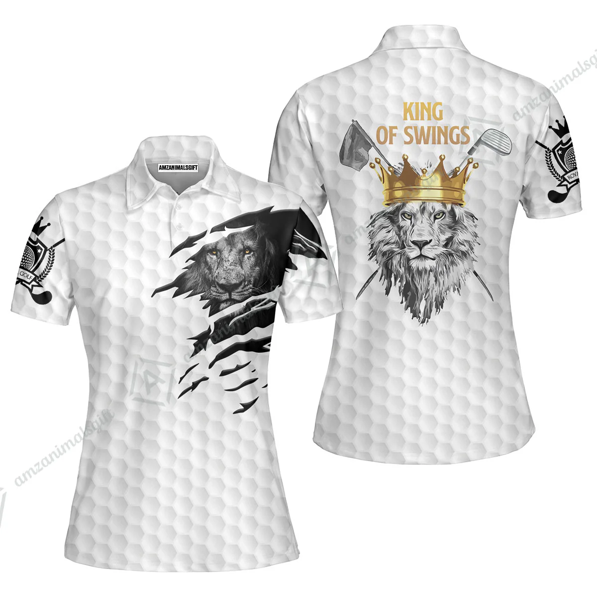Black And White Lion King Sketching Golf Women Polo Shirt, King Of Swings Lion Golfing Women Polo Shirt