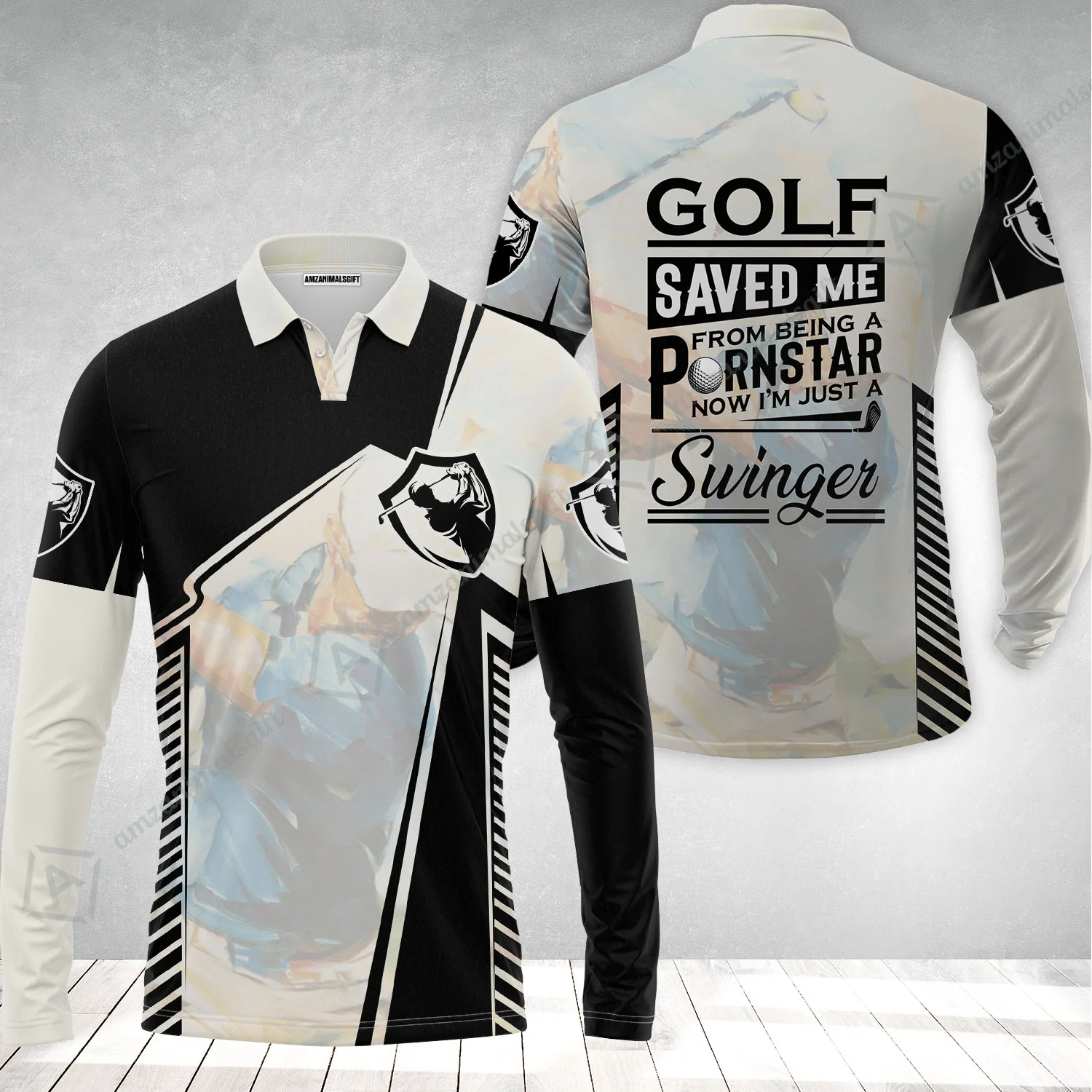 Black And White Long Polo Shirt, Golf Saved Me Golfing Long Polo Shirt - Image 2