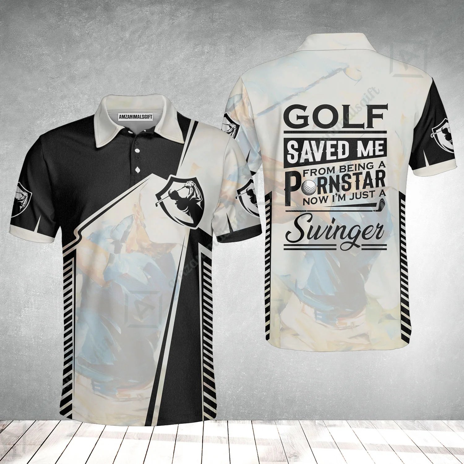 Black And White Men Polo Shirt, Golf Saved Me Golfing Polo Shirt - Image 2