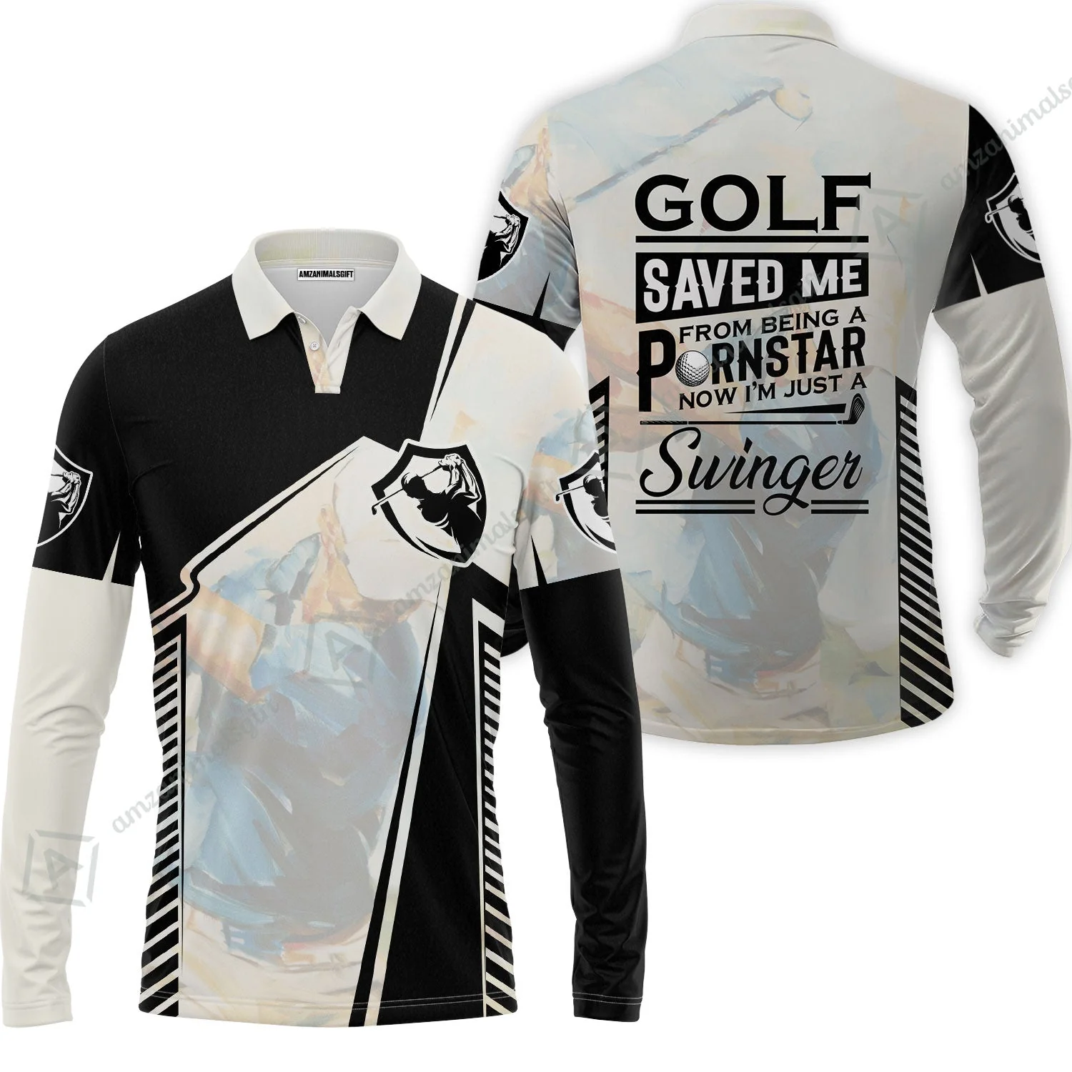 Black And White Zip Polo Shirt, Golf Saved Me Golfing Zip Polo Shirt - Image 3