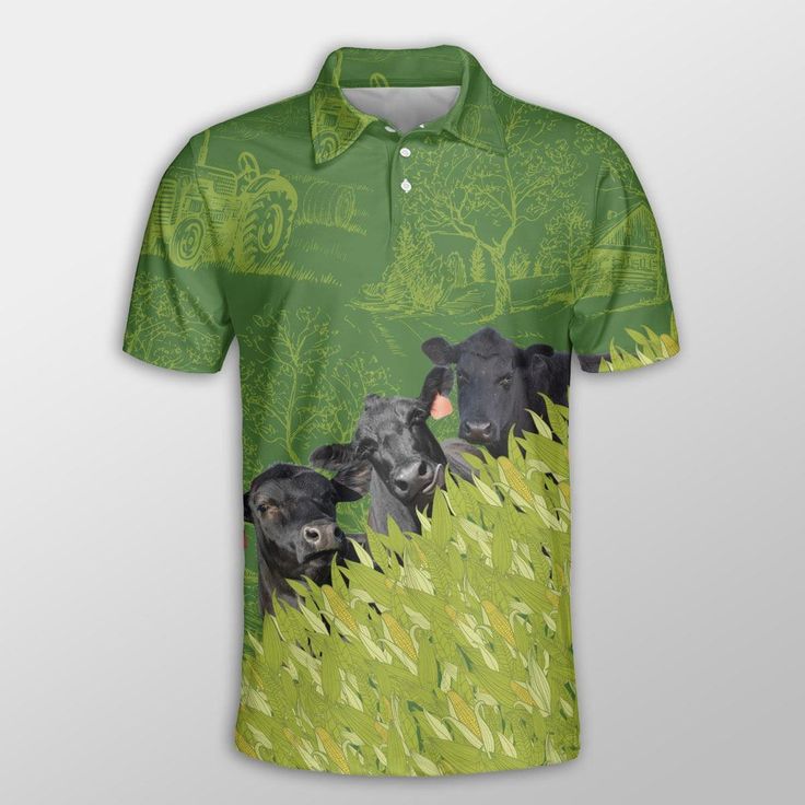 Black Angus Men Polo Shirts - Black Angus Corn Field Pattern Button Shirts For Men - Perfect Gift For Black Angus Lovers, Cattle Lovers - Image 2