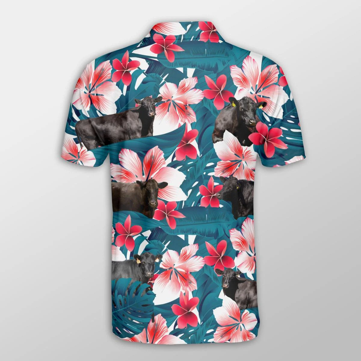 Black Angus Men Polo Shirts - Black Angus Tropical Floral Pattern Farm Lovers Button Shirts For Men - Perfect Gift For Black Angus Lovers, Cattle Lovers - Image 3