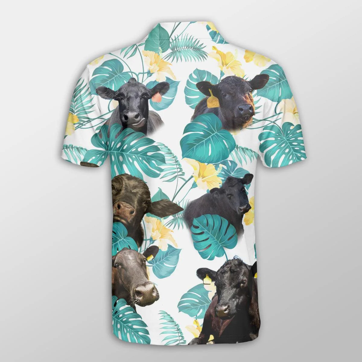 Black Angus Men Polo Shirts For Summer - Black Angus In Tropical Leaves Pattern Button Shirts For Men - Perfect Gift For Black Angus Lovers, Cattle Lovers - Image 3