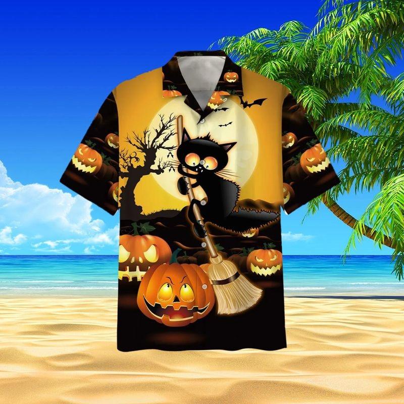 Black Cat Aloha Hawaiian Shirt - Black Cat Riding Broom Hawaiian Shirt, Halloween Witch Cat Hawaiian Shirt For Men & Women, Black Cat Lover