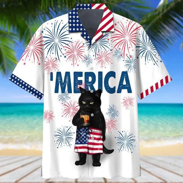 Black Cat Aloha Hawaiian Shirts For Summer, Happy Independence Day Merica Patriotic Hawaiian Shirt For Men Women, Fourth Of July Gift For Cat Lovers