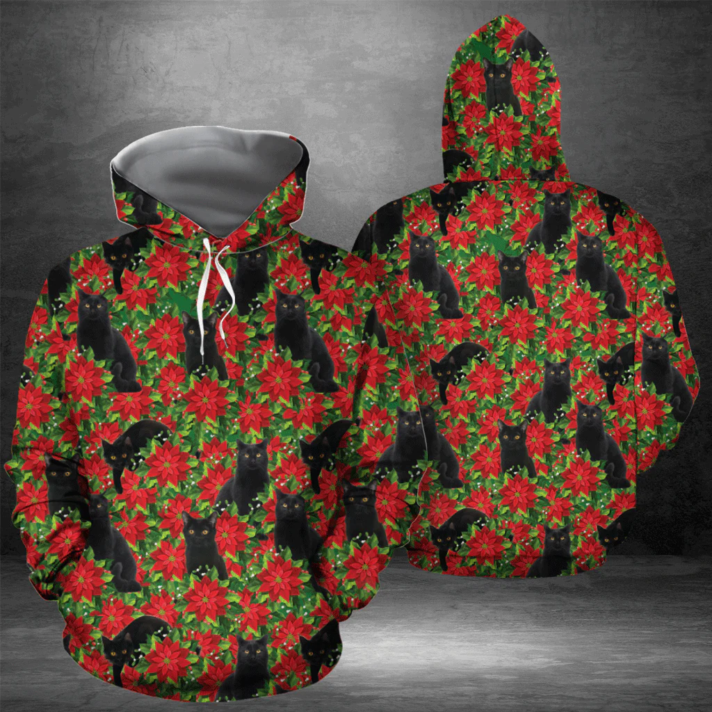 Black Cat Christmas Flower Pullover Premium Hoodie, Perfect Outfit For Cat Lover Men And Women On Christmas New Year Autumn Winter - Image 2