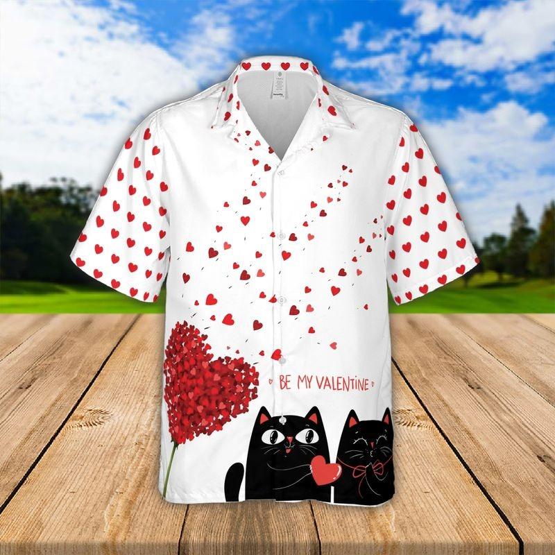 Black Cat Couple Aloha Hawaiian Shirt - Be My Valentine Hawaiian Shirt, Cat Couple Love Hawaiian Shirt For Men & Women, Black Cat Lover