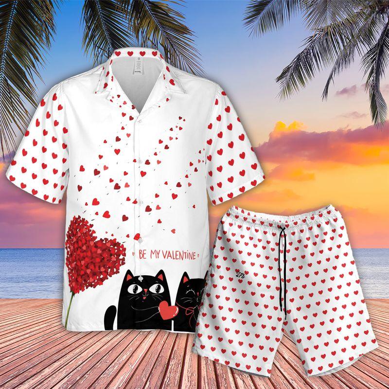 Black Cat Couple Aloha Hawaiian Shirts For Summer, Be My Valentine Hawaiian Set For Men Women, Gift For Husband Wife, Boyfriend, Girlfriend, Cat Lover