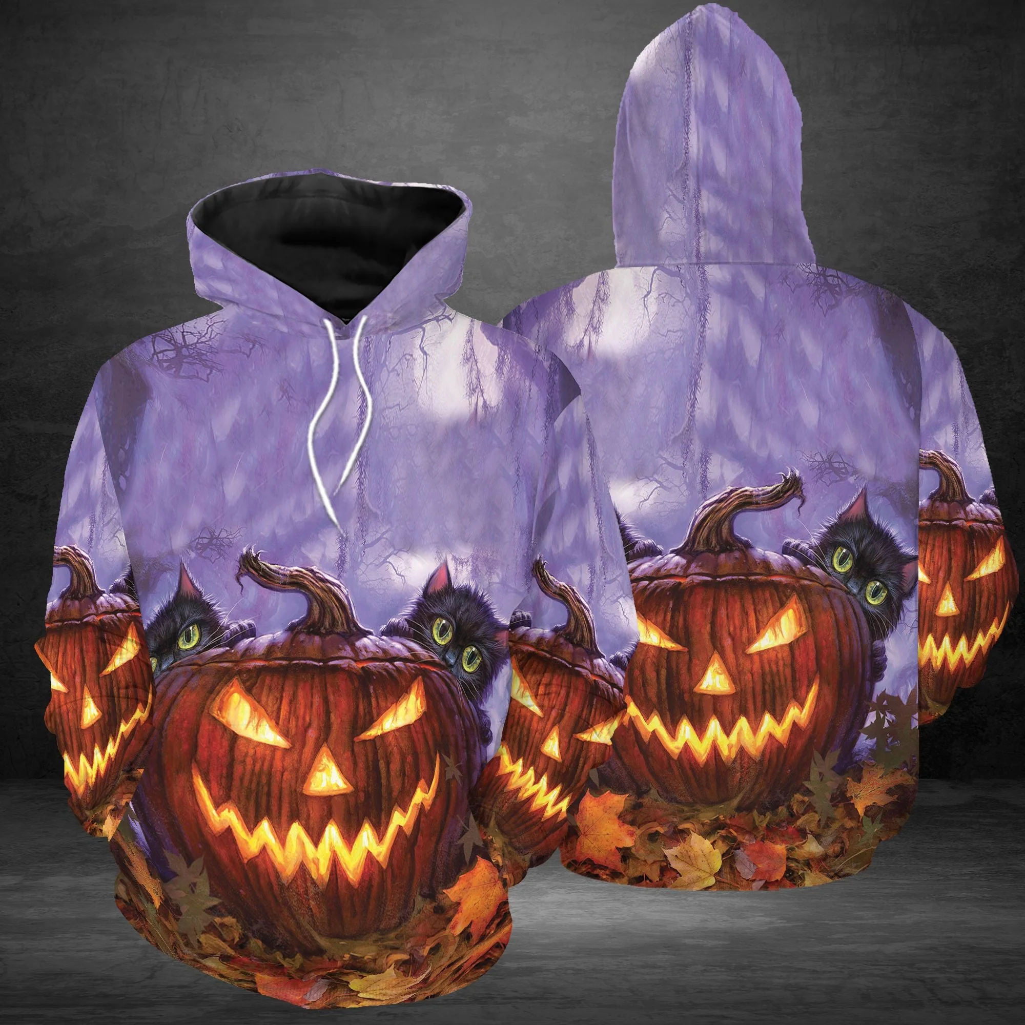 Black Cat Halloween Pumpkin Pullover Premium Hoodie Purple Background, Perfect Outfit For Men And Women On Christmas New Year Autumn Winter - Image 2