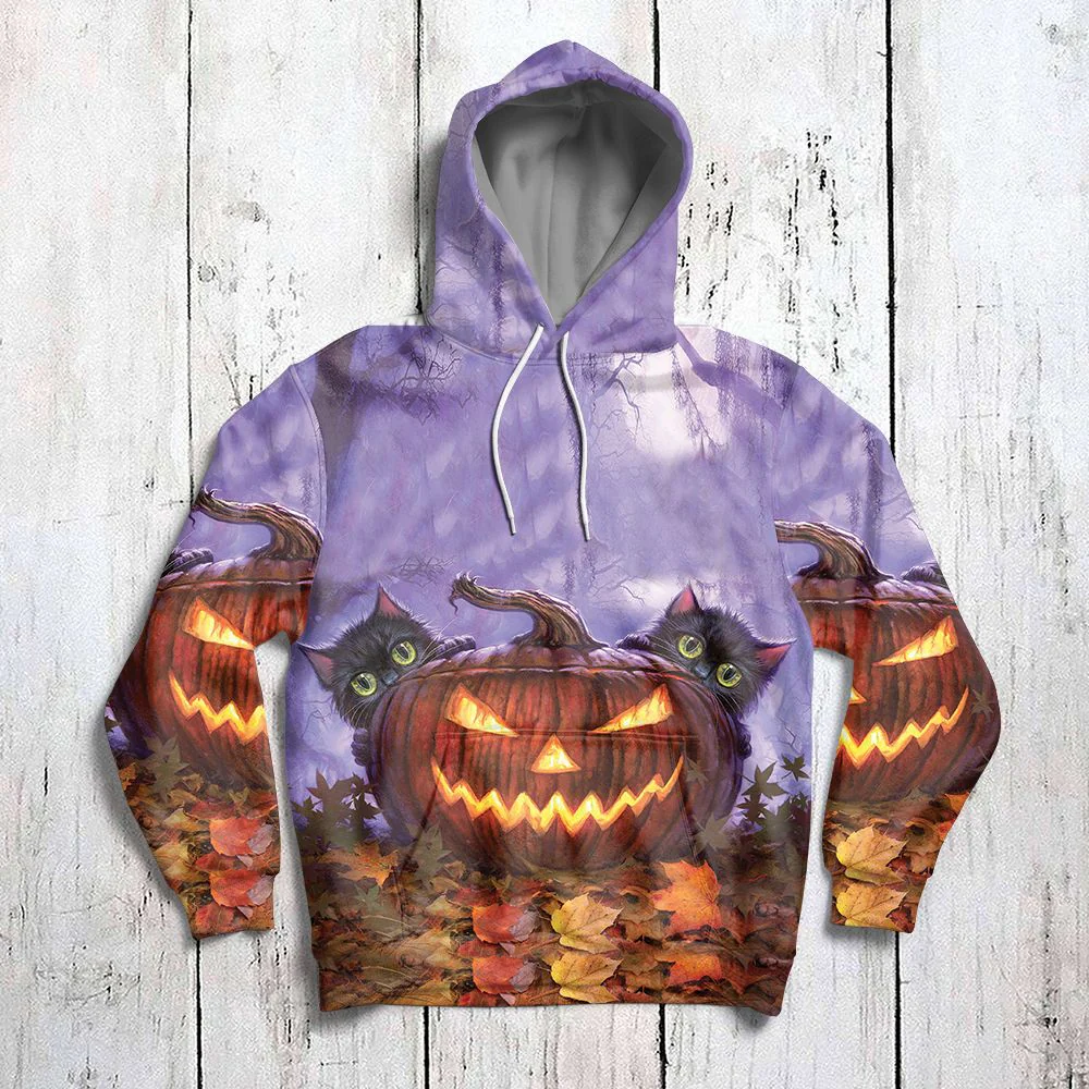 Black Cat Halloween Pumpkin Pullover Premium Hoodie Purple Background, Perfect Outfit For Men And Women On Christmas New Year Autumn Winter - Image 3