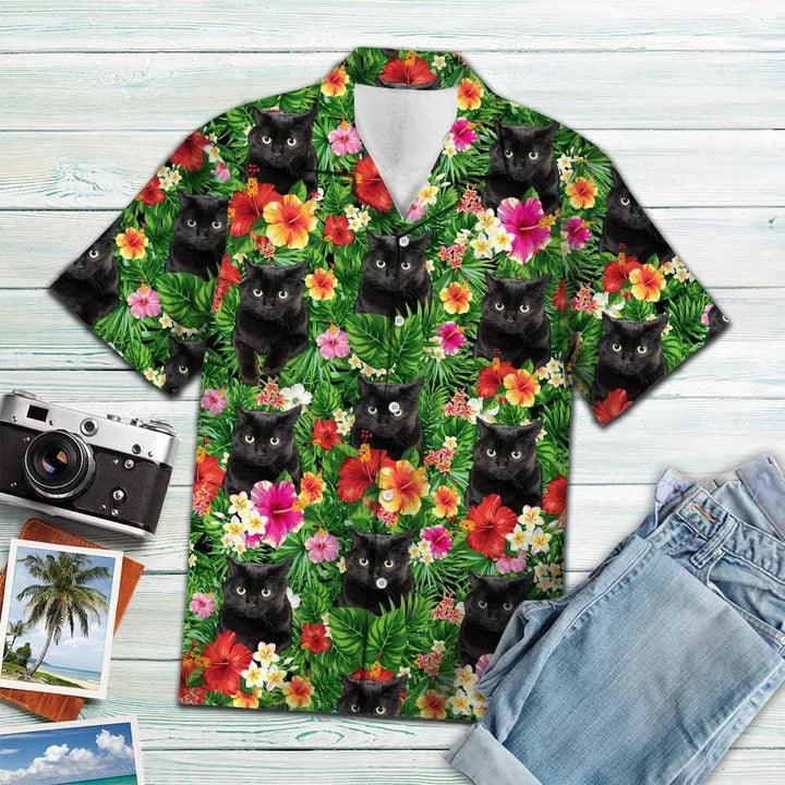 Black Cat Hawaiian Shirt - Hiding Black Cat And Flower Tropical Flower Leaves Hawaiian Shirt - Perfect Gift For Cat Lovers, Friend, Family - Image 2