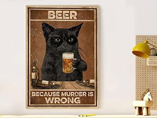 Black Cat Portrait Canvas - Black Cat Drink Beer Because Murder Is Wrong, Grumpy Black Cat - Perfect Gift For Black Cat Lovers, Owners, Cat Lovers
