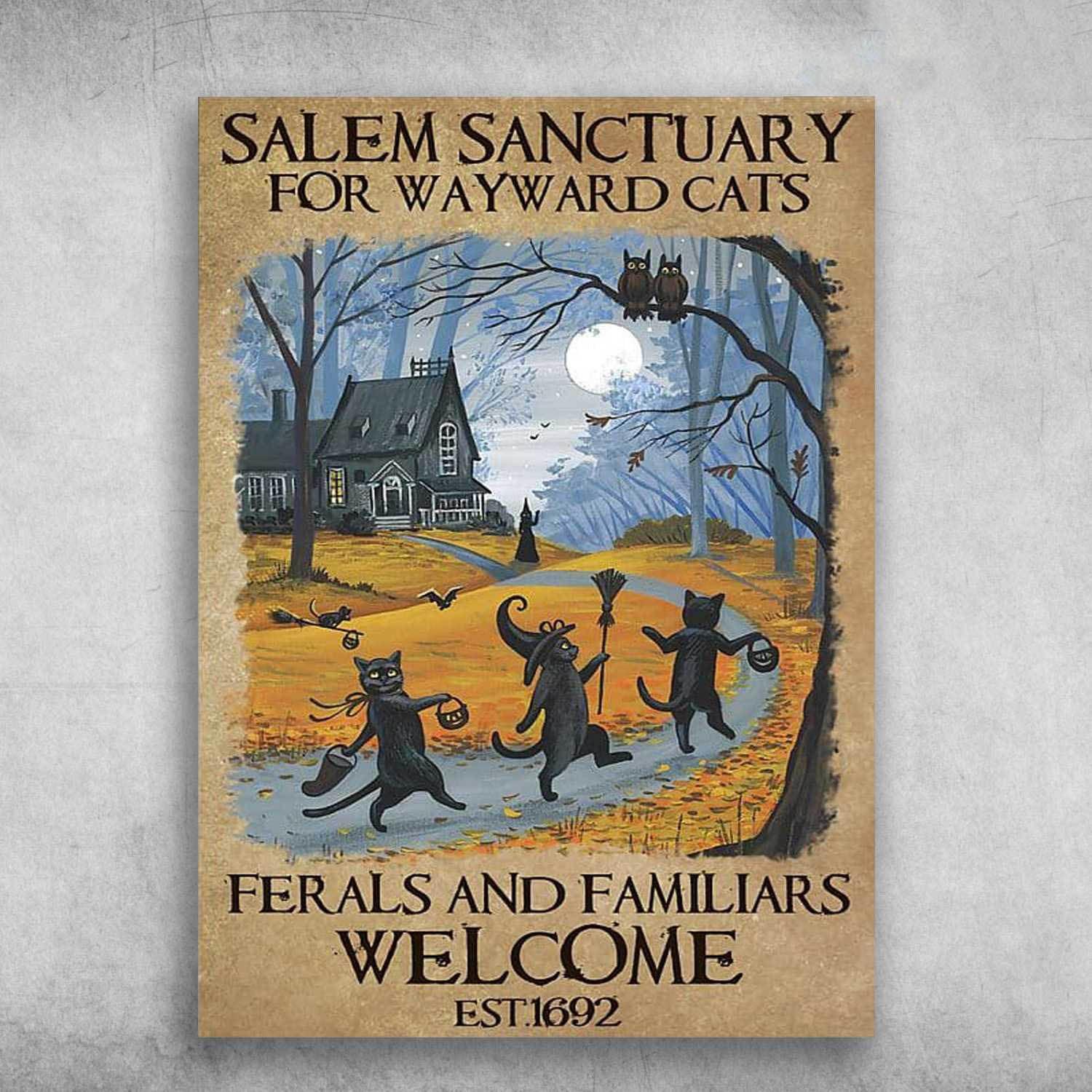 Black Cat Portrait Canvas - Black Cat Halloween Salem Sanctuary For Wayward Cats - Perfect Gift For Black Cat Lovers, Halloween Gifts