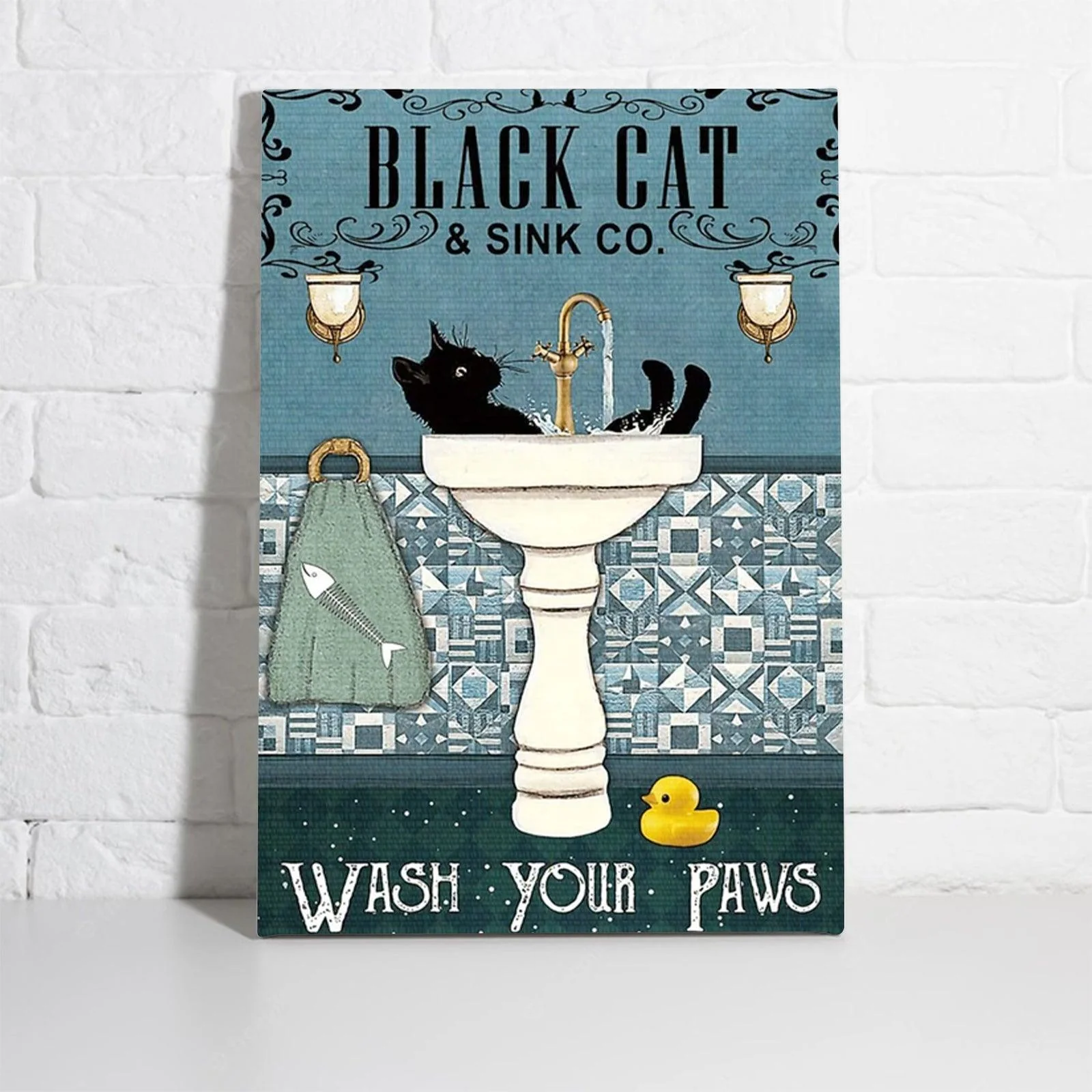 Black Cat Portrait Canvas - Black Cat & Sink Co Wash Your Paws Premium Wrapped Canvas - Perfect Gift For Black Cat Lovers, Cat Lovers, Cat Owners