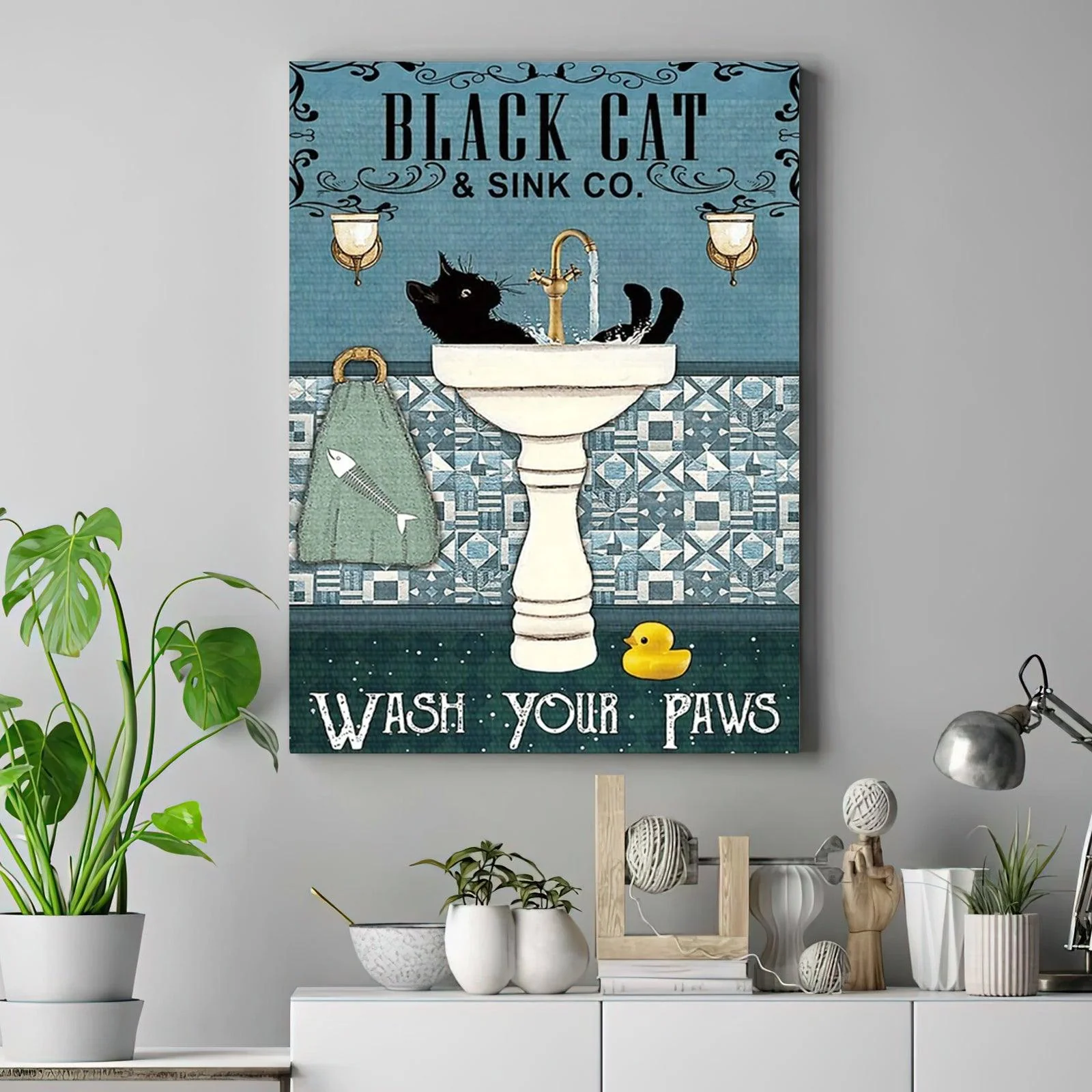 Black Cat Portrait Canvas - Black Cat & Sink Co Wash Your Paws Premium Wrapped Canvas - Perfect Gift For Black Cat Lovers, Cat Lovers, Cat Owners - Image 3