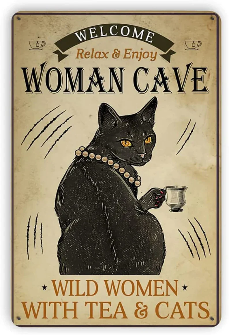 Black Cat Portrait Canvas - Black Cat Welcome Woman Cave Wild Women With Tea and Cats - Perfect Gift For Black Cat Lovers, Black Cat Owners, Cat Lovers