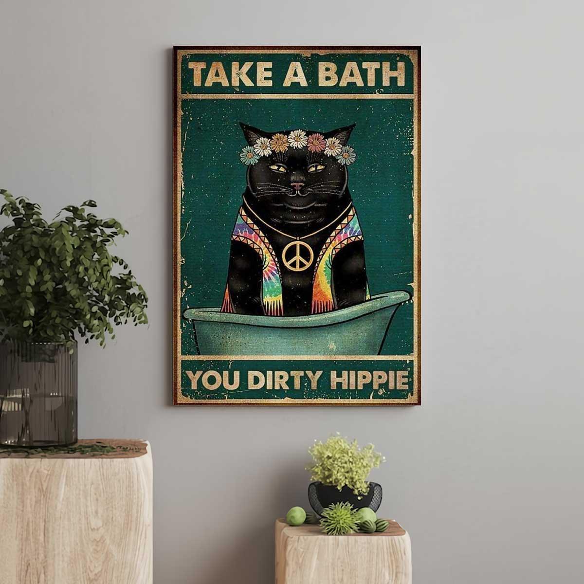 Black Cat Portrait Canvas, Cat Take A Bath You Dirty Hippie Portrait Canvas, Premium Wrapped Canvas - Perfect Gift For Black Cat Owner